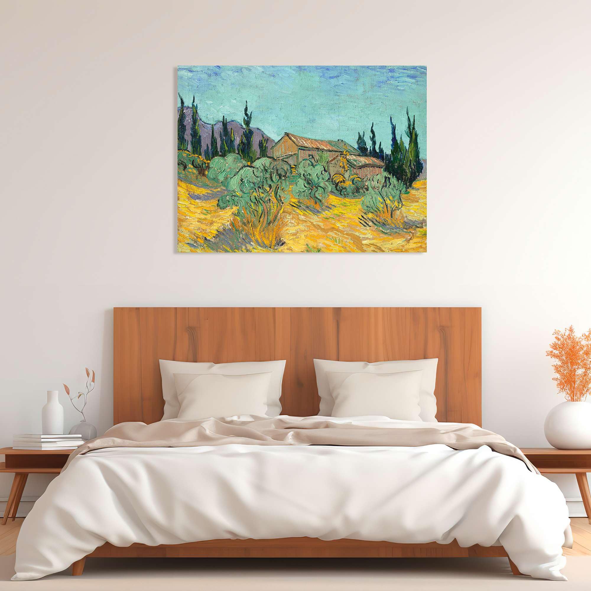 Van Gogh Art Print - Wooden Huts Among Olive Trees and Cypresses Canvas Painting - Vincent van Gogh Reproduction - 120x90 cm - Home & Office Wall Decor - Perfect for Living Room, Bedroom, or Gallery Display