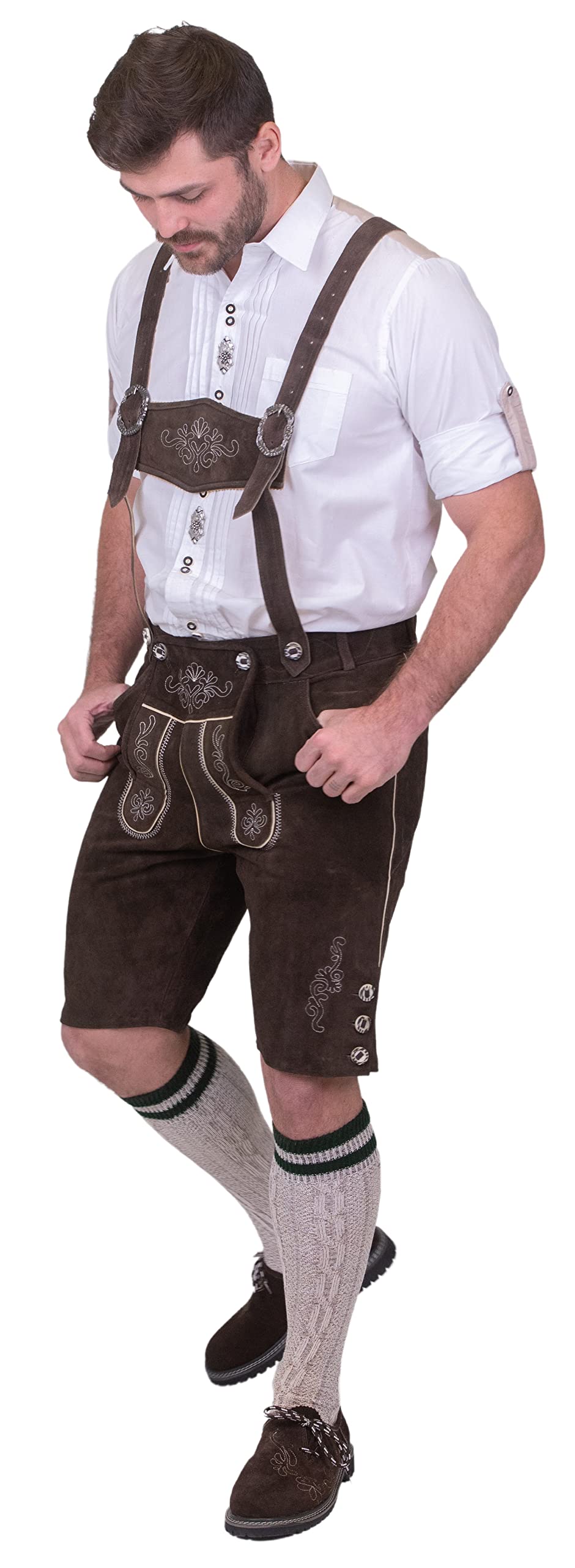Authentic German Dirndl Trachten Haus 2-Piece Brown Leather Lederhosen Shorts for Oktoberfest | Bavarian Traditional Costume for Adults | Perfect for Halloween, Beer Festivals & Cultural Events