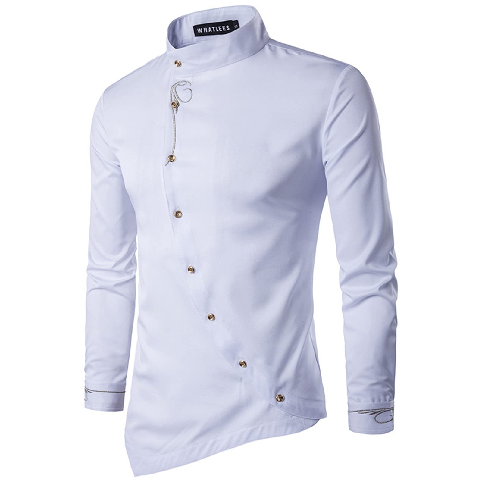 GOKKILRW Men's Slim Fit Mandarin Collar Embroidery Cotton Dress Shirt - Casual Long Sleeve Irregular Hem Shirt for Work, Party & Special Occasions