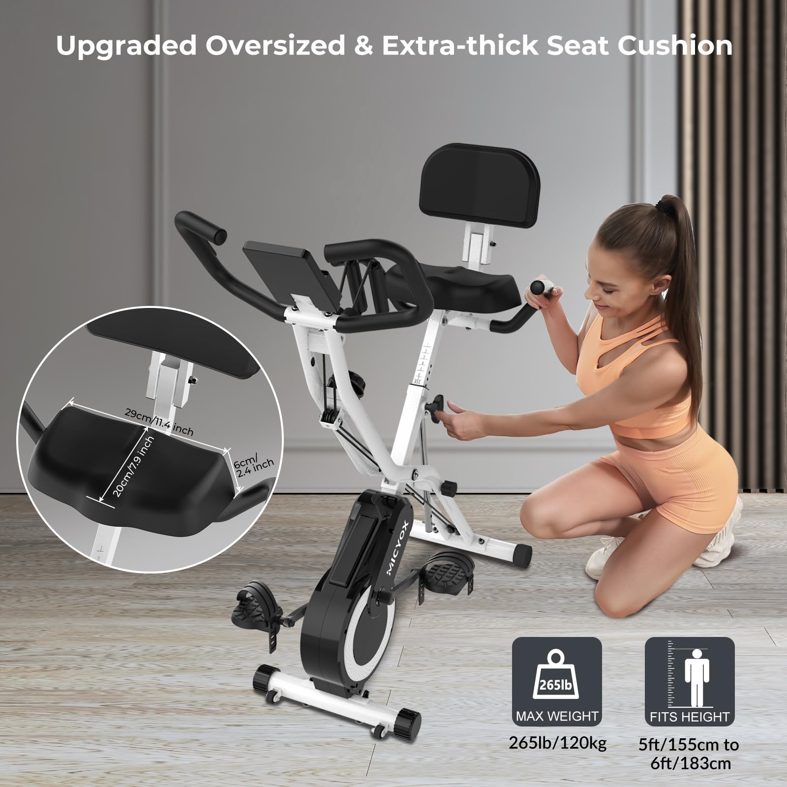 Micyox MX711 Foldable Exercise Bike - 3-in-1 Home Cycling Machine with Adjustable Backrest, Oversized Seat, 16-Level Magnetic Resistance, LCD Monitor & Heart Rate Sensor - Perfect for Home Gym, Cardio Workouts & Small Spaces