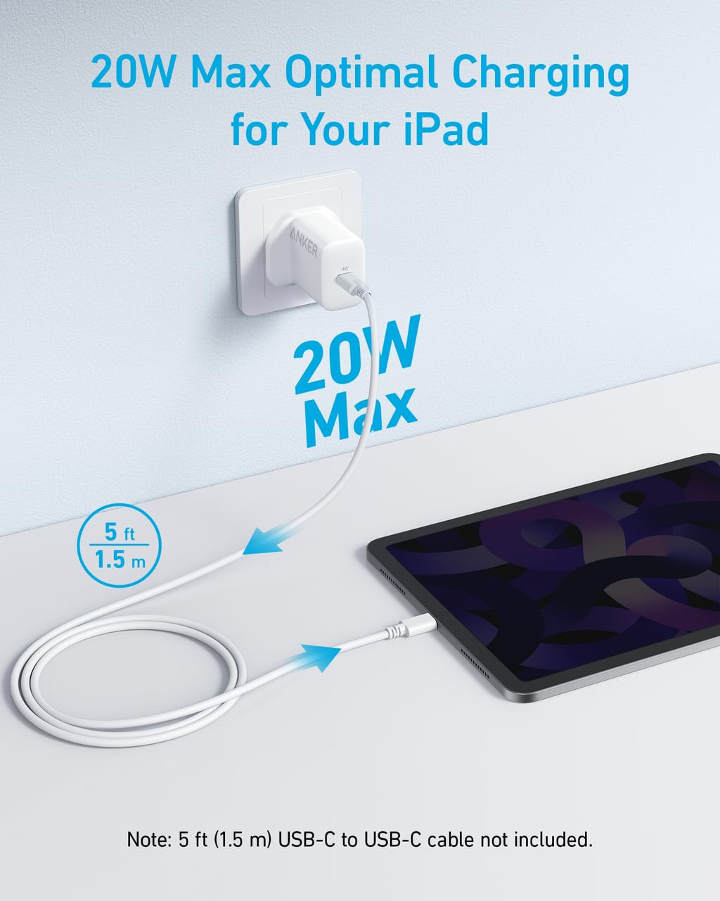 Anker 20W USB C Fast Charger for iPhone 15/15 Plus/15 Pro/15 Pro Max, iPad Pro, AirPods Pro 2 & More - Compact USB C Plug for Tablets & Smartphones - Perfect for Travel, Office & Home Charging (Cable Not Included)