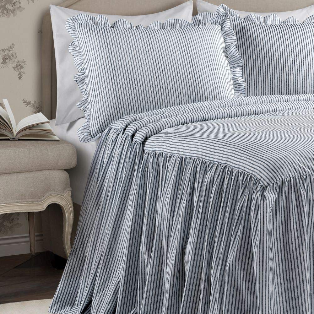 3 Piece French Country Navy Blue Ticking Stripe Ruffled Bedspread Set - Full Size Pinstripe Printed Shabby Chic Farmhouse Bedding with All-Season Ruffled Edges | Classic Stylish Design for Guest Rooms, Master Bedrooms & Cozy Farmhouse Decor