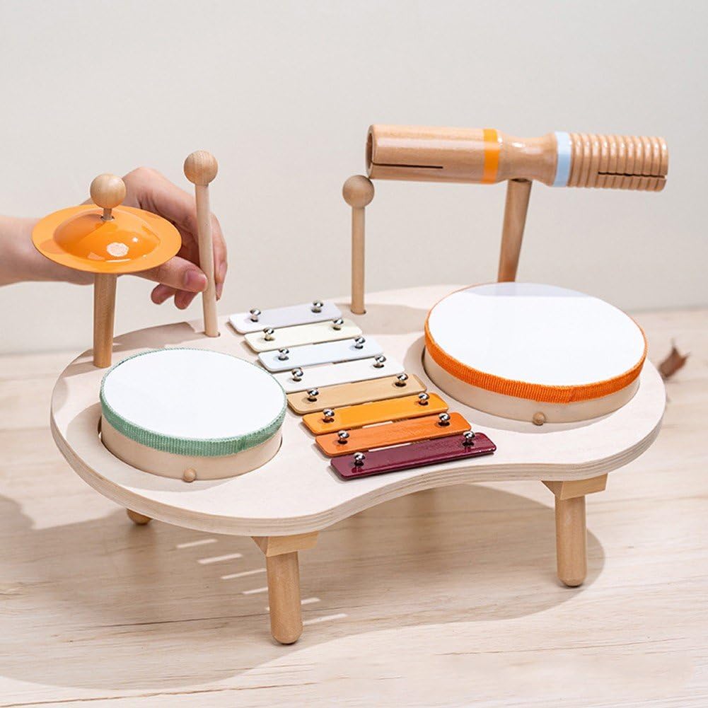 Kids Wooden Drum Kit - Montessori Musical Toy Set for Babies & Toddlers - Early Education Instrument with Natural Wood Design - Perfect for Home Play, Classroom Learning & Birthday Gifts