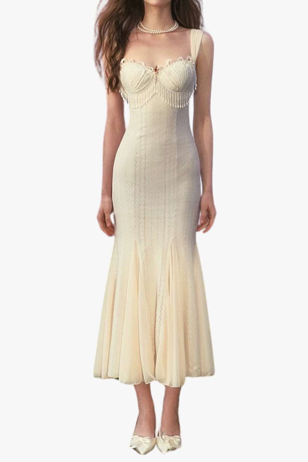 Atalanta Embellished Flared Midi Dress in Cream White - Elegant Boho Chic Dress for Weddings, Parties & Special Occasions