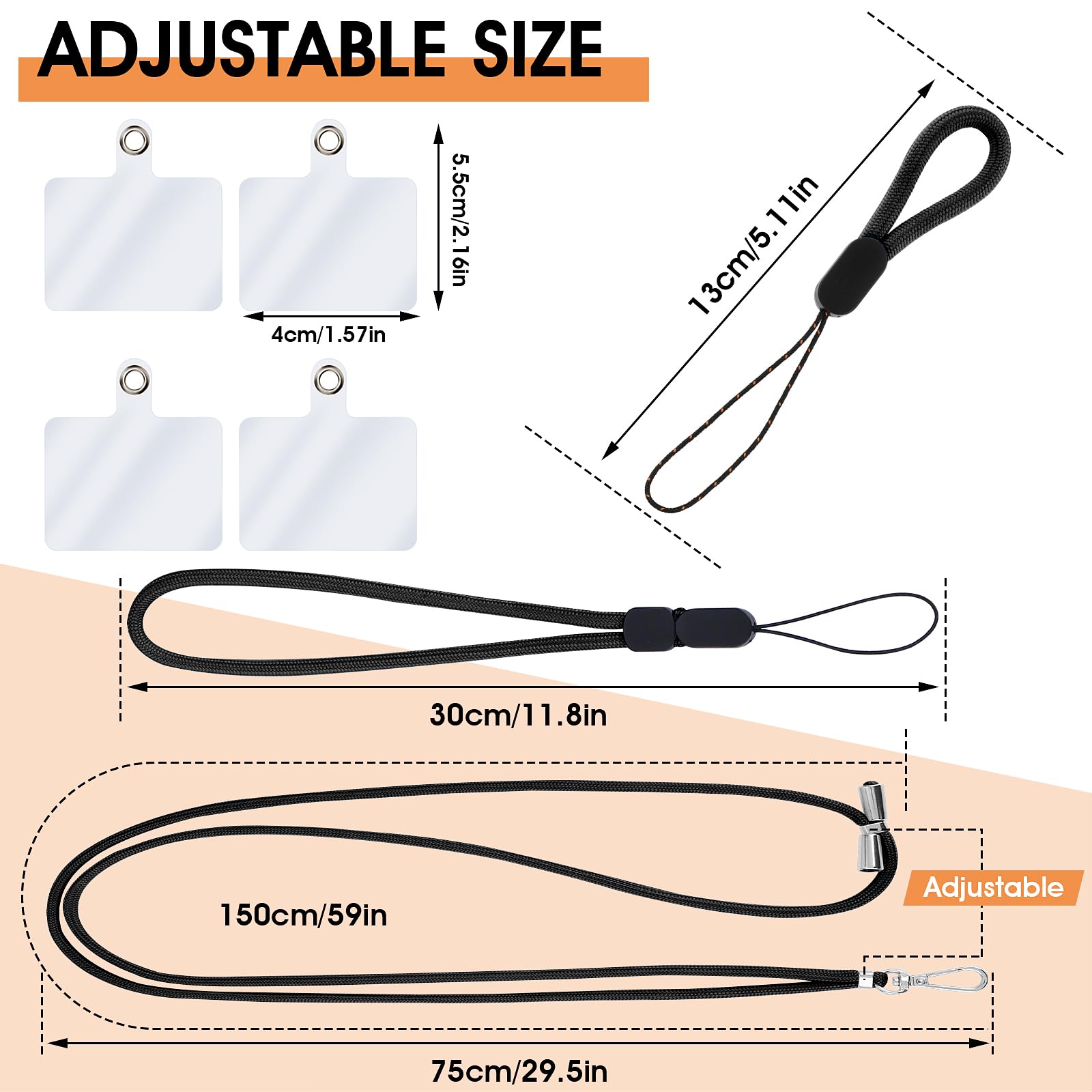 Simarro Universal Cell Phone Lanyard - Adjustable Crossbody Neck Strap with Wrist & Finger Loops - Includes 4× Phone Patches (Black) - Perfect for Work, Travel, Shopping & Outdoor Activities