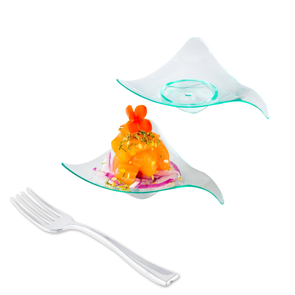 100-Pack Triangle Seagreen Plastic Shooting Star Appetizer Plates & 100 Silver Mini Forks - Perfect for Parties, Weddings, Baby Showers & Holiday Events