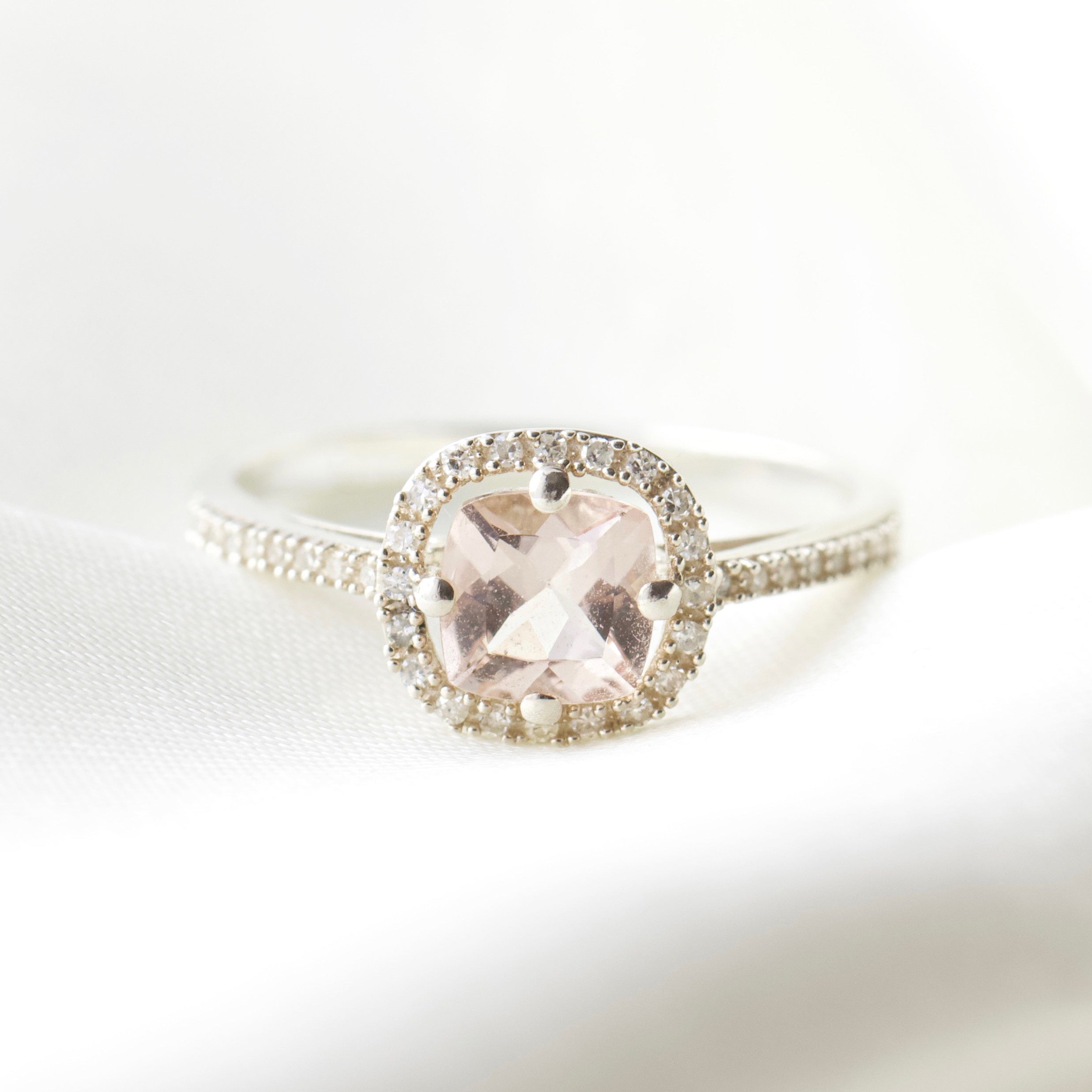 Juliet Morganite & Diamond Ring - 14K Rose Gold, UK Size P | Elegant Engagement, Wedding, or Anniversary Jewelry Gift for Women