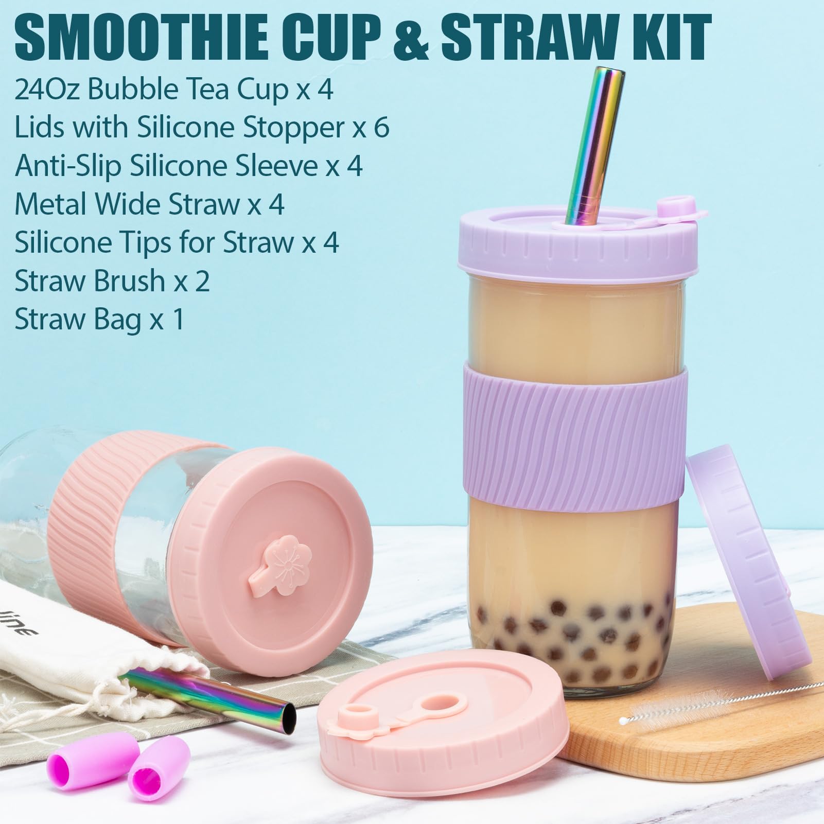 Reusable 24Oz Glass Mason Jars with Lids & Straws - 4 Pack Wide Mouth Smoothie Cups, Bubble Tea Glasses with Silicone Sleeves - Leakproof Travel Tumbler for Cold Drinks, Iced Coffee, Juice - Perfect for Home, Office, Picnics & Birthday Gifts