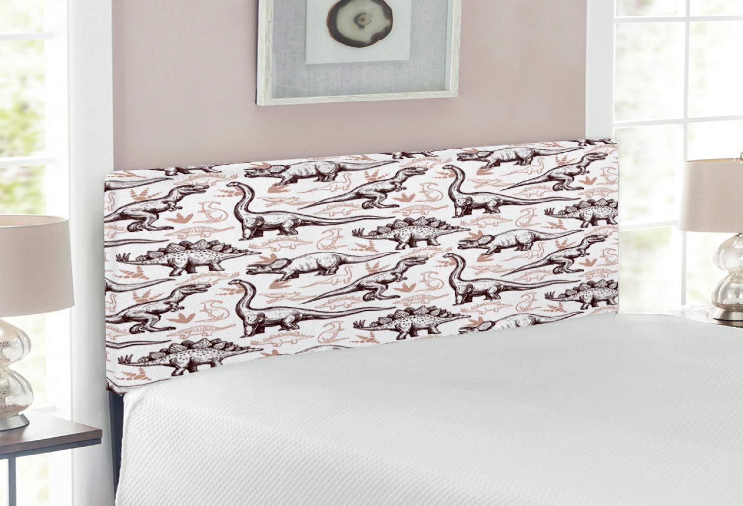 Ambesonne Full Size Upholstered Reptile Headboard - Abstract Doodle Art with Magnificent Reptiles & Footprints - Decorative Metal Bed Headboard with Memory Foam in Brown & White - Perfect for Reptile Lovers' Bedroom Decor & Unique Home Interior Design