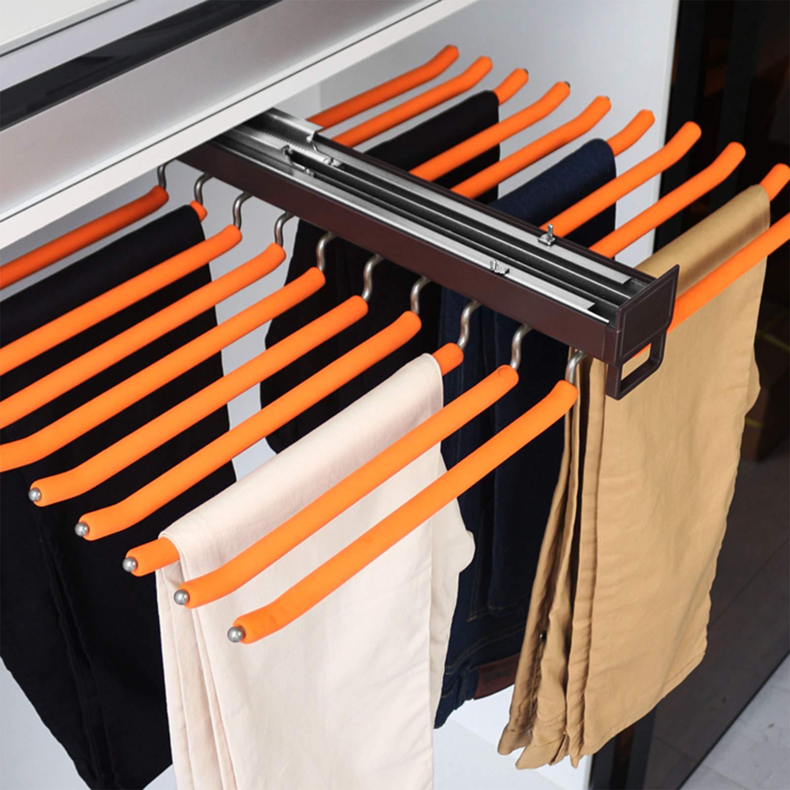 Space-Saving Pull Out Trousers Rack Organizer - Double Row Telescopic Pants Hanger for Jeans, Slacks & Ties | Top-Mounted Coat Rack for Wardrobe & Closet Storage | Perfect for Small Spaces & Organized Dressing Rooms