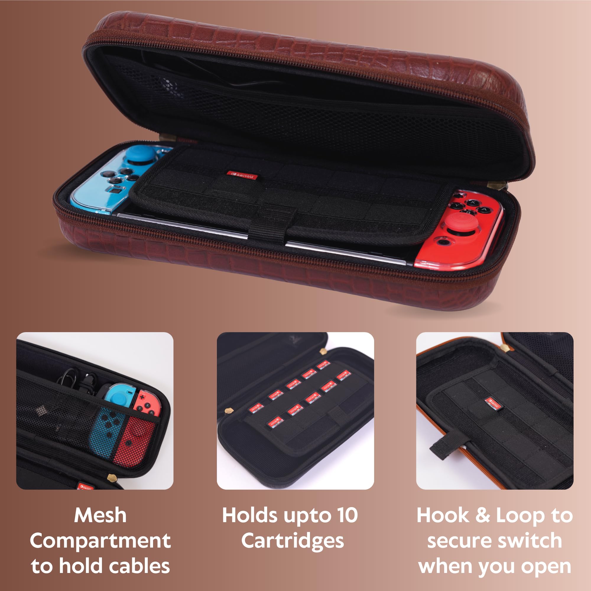 Premium Genuine Leather Travel Case for Nintendo Switch - Hard Shell Protective Cover with 10 Game Card Slots, Dockable Design, 2 Joycon Covers, 4 Thumbstick Caps & Screen Protector - Perfect for Gaming On-The-Go, Travel Protection & Switch Accessories Storage
