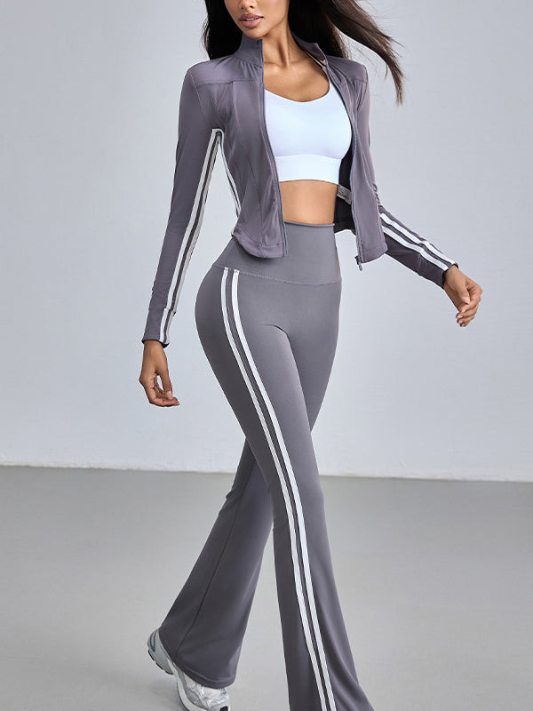 ZASUWA Women's Striped Elastic High Waisted Tracksuit Set with Stand Collar - Comfortable Workout Outfit for Yoga, Running & Gym