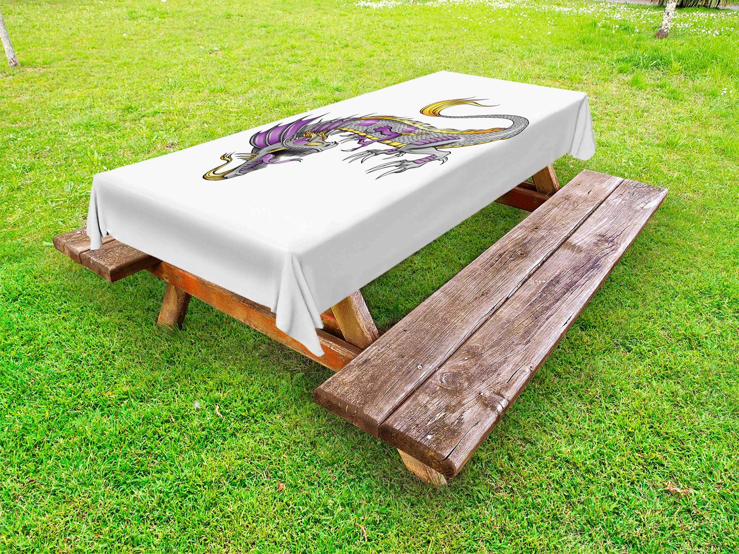 Ambesonne Japanese Dragon Tablecloth - Far Eastern Beast Fiery Monster Design with Scales, Fangs & Tail - Waterproof Washable Outdoor Picnic Table Cover 58