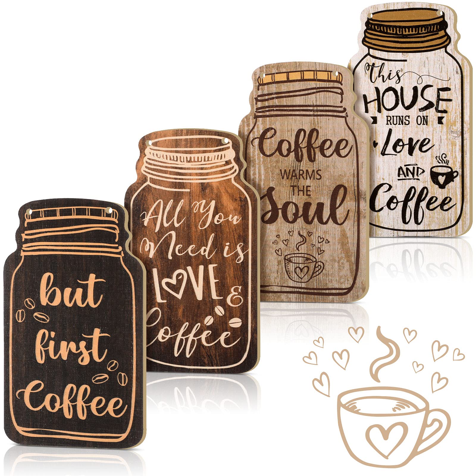 Jetec 4-Piece Farmhouse Wooden Coffee Bar Signs - Rustic Wall Hanging Plaques with 'But First Coffee' Quote - Perfect for Home, Office & Kitchen Decor | Ideal for Coffee Shops, Breakfast Nooks & Cozy Spaces