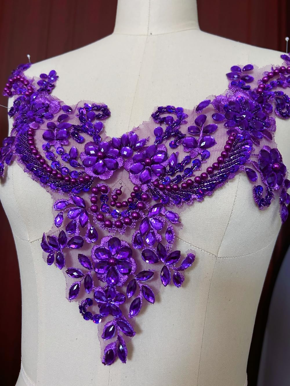 Lace Flower Beads Pearl Patches - Sew on Rhinestone Appliques for Dresses & Clothing Necklines (Purple) | Elegant Embellishments for Wedding Gowns, Prom Dresses & DIY Fashion Projects