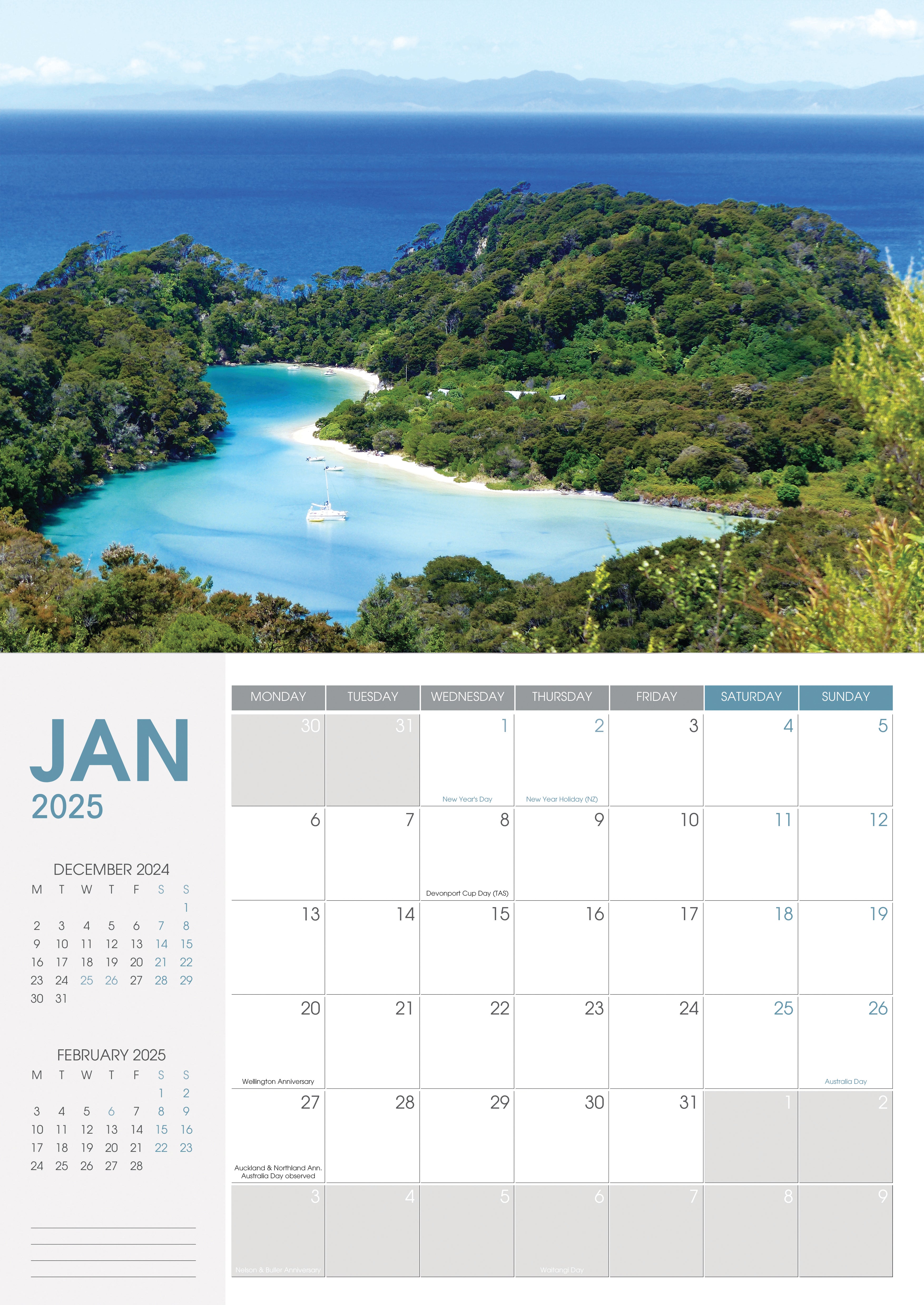 2025 Collins A4 Wall Calendar with Stunning NZ Coastal Scenes - 210mm x 300mm - Perfect for Home, Office & School Organization