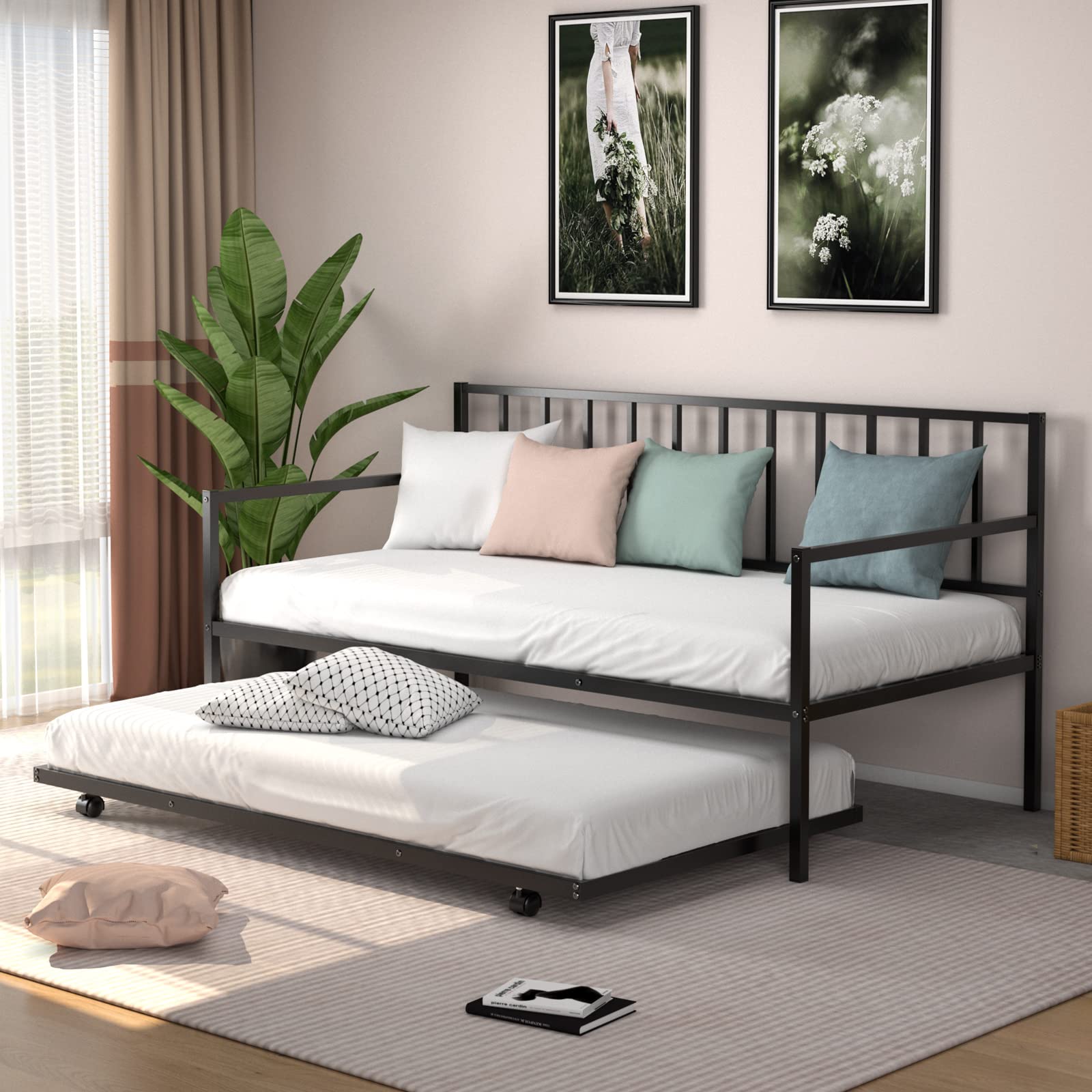 KOMFOTT Twin Daybed with Trundle - Sturdy Metal Bed Frame Set with Wheels & Slat Support, No Box Spring Needed - Space Saving Sofa Bed for Living Room, Guest Room & Small Spaces - Perfect for Sleepovers, Home Office & Multi-Purpose Use