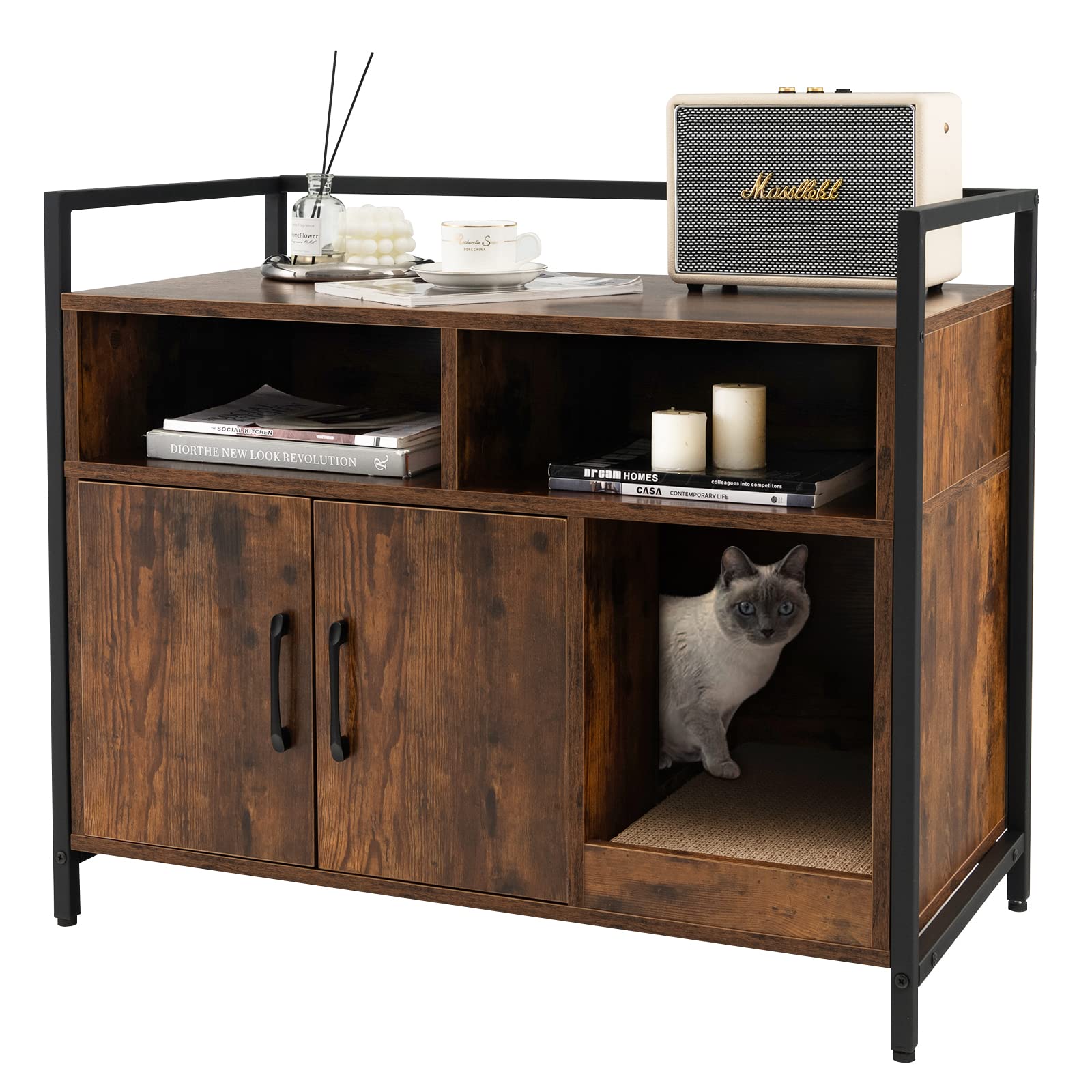 Giantex Cat Litter Box Enclosure Furniture - Hidden Washroom with Front Entry, Cat Scratcher & 2-Door Storage Cabinet | 2 Compartments, Air Vents, Metal Frame & Wooden Pet House (Rustic Brown) | Perfect for Small Spaces & Multi-Cat Homes