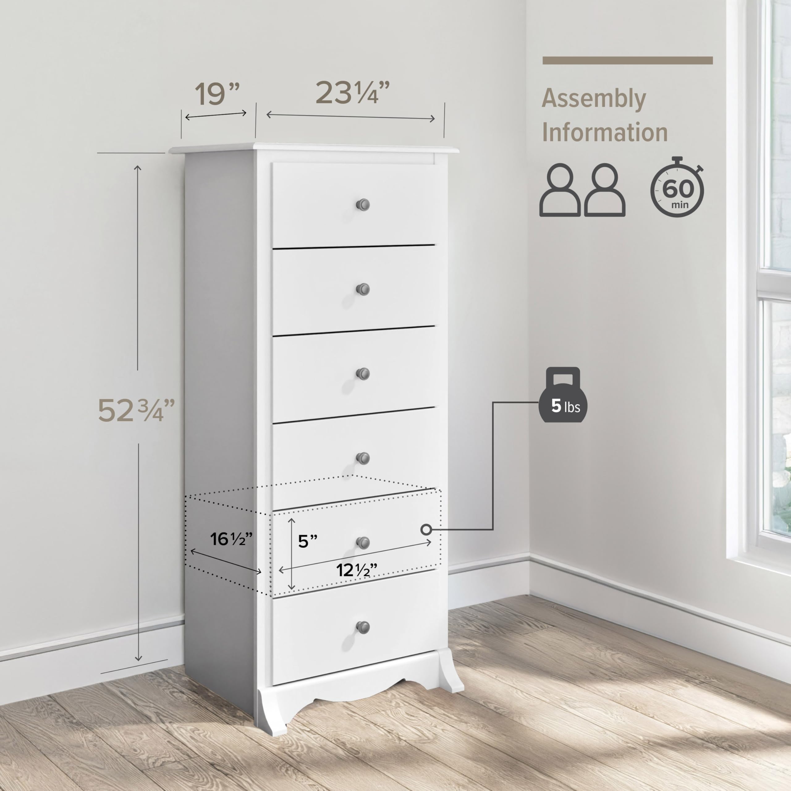 Prepac Sonoma 6-Drawer Tall Dresser for Bedroom - White Wooden Chest of Drawers for Clothes Storage & Organization (19