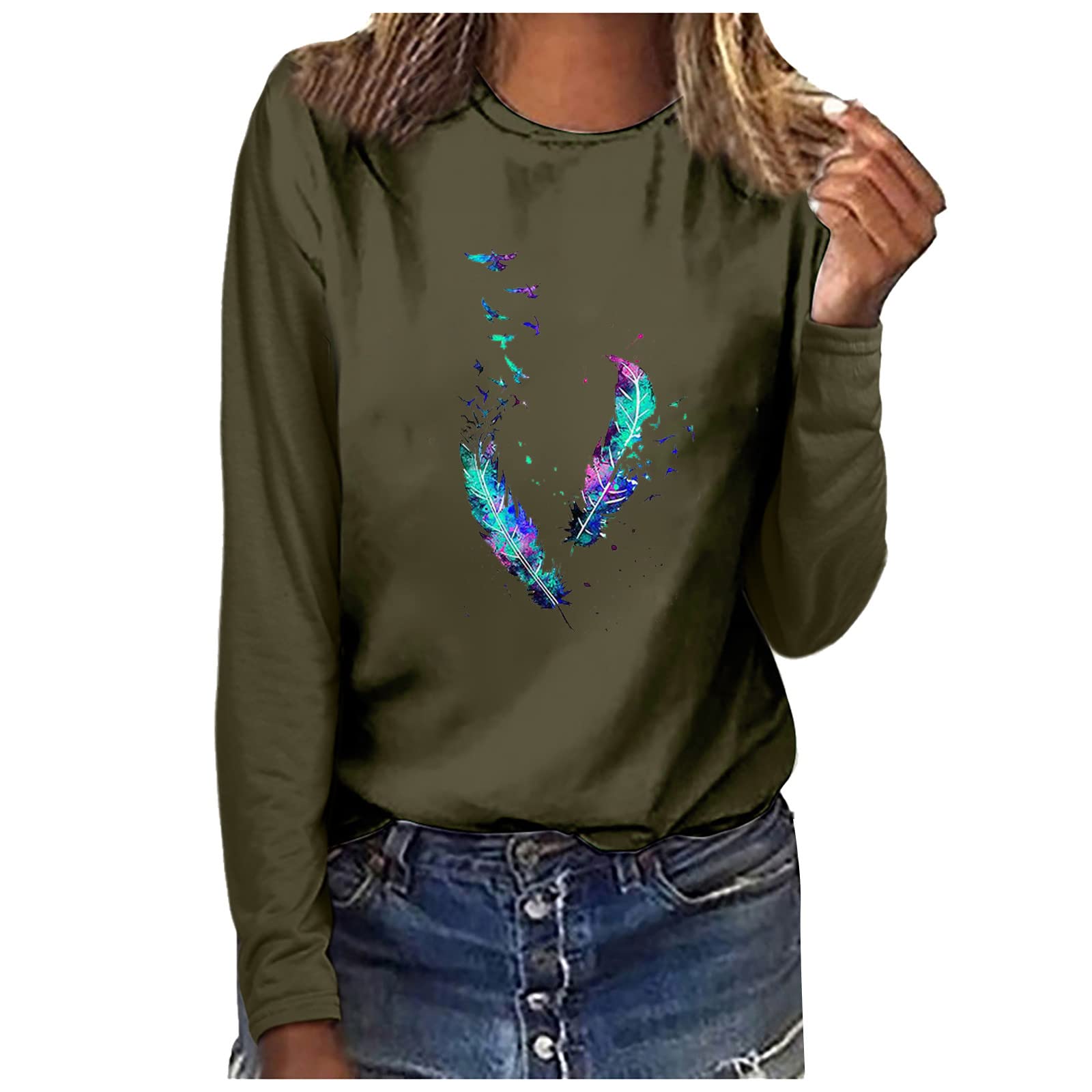 Women's Round Neck Long Sleeve Tie Dye T-Shirt - Casual Loose Fit Feather Print Pullover Top for Workout, Yoga & Everyday Wear