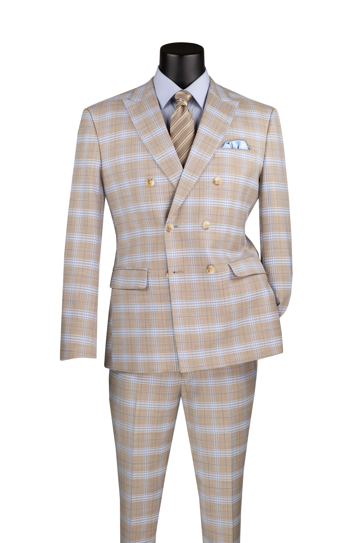 Double Breasted Slim Fit Window Pane Suit for Men in Tan - Perfect for Business Meetings, Weddings & Formal Events