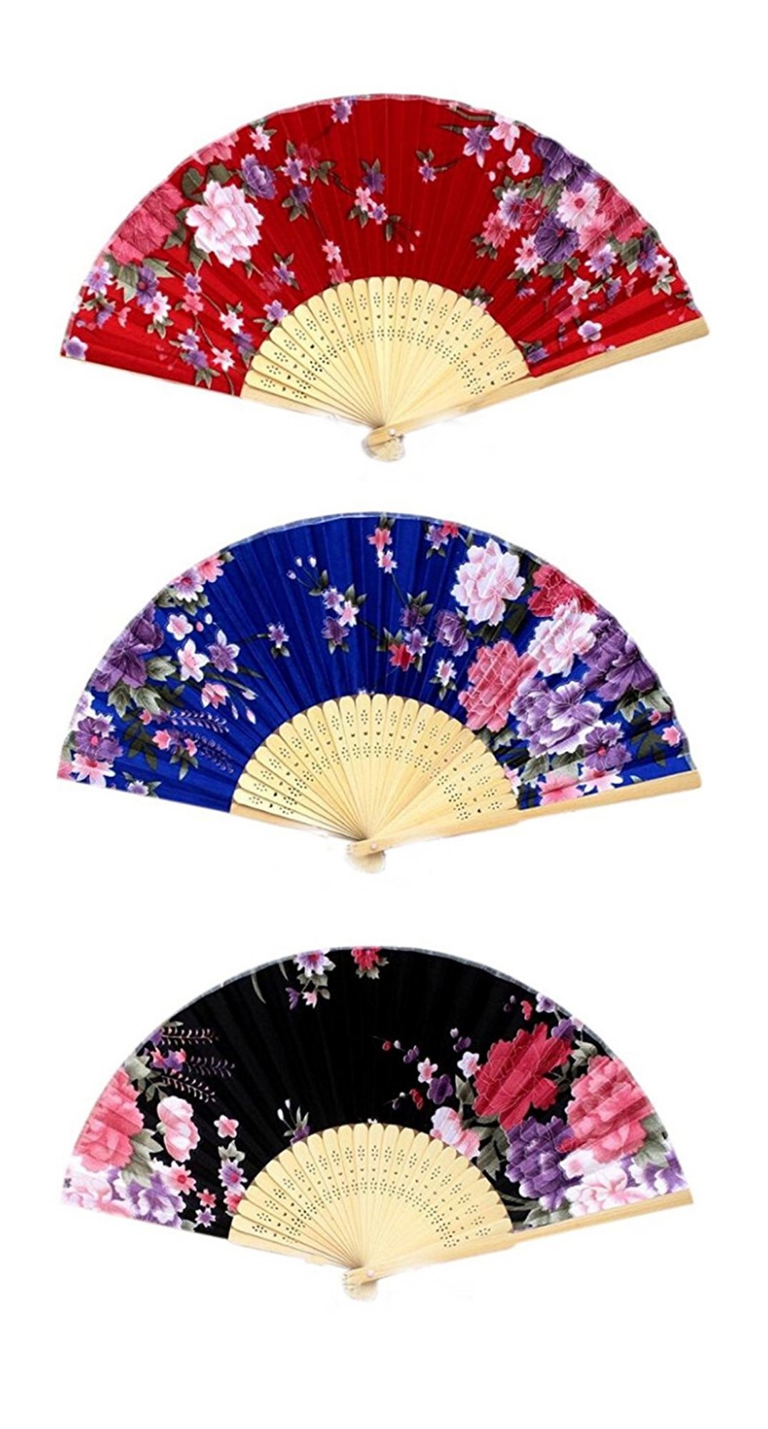 CRB Fashion Flower Folding Hand Fan - 3 Pack Chinese Style Wedding Dance Fans for Bridal Party Decorations, Asian Themed Events & Traditional Performances