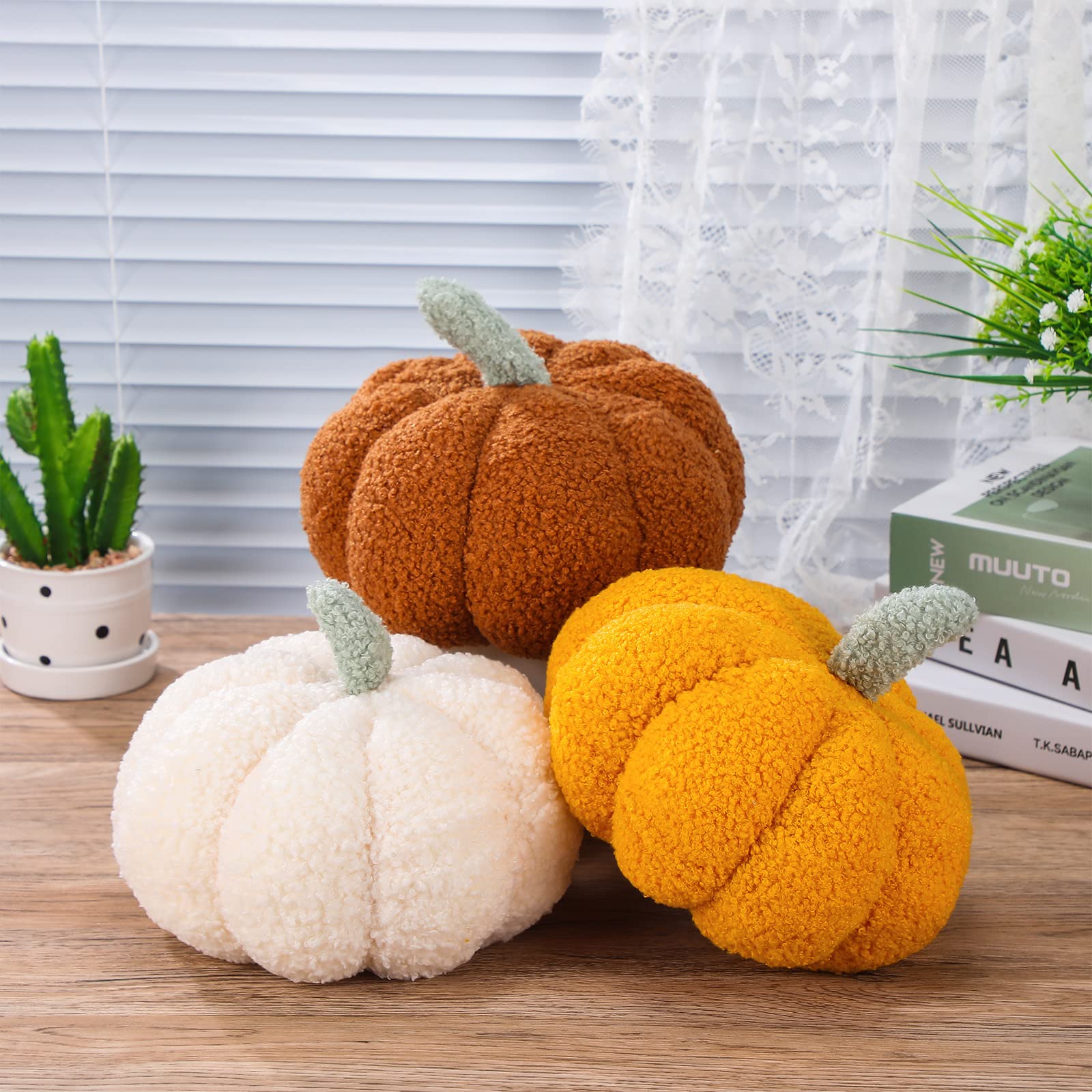 Namalu 3D Pumpkin Throw Pillows Set of 3 - Soft Plush Fall Decor Cushions for Sofa, Bed & Living Room - Thanksgiving & Winter Home Decor (7.87 Inch, White/Yellow/Brown) - Perfect for Seasonal Home Styling, Cozy Autumn Vibes & Holiday Gift Giving