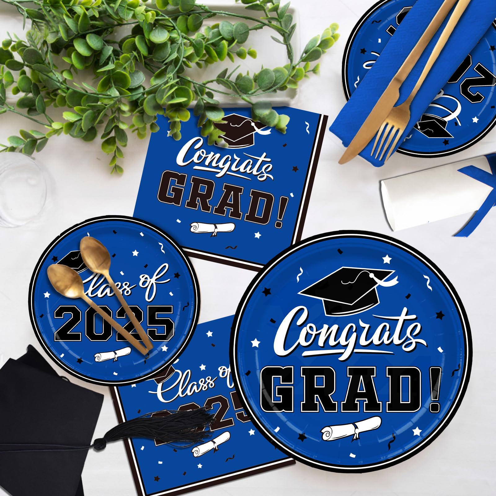 Graduation Party Supplies 2025 - Blue Disposable Paper Plates & Napkins Set for Grad Decorations - 50 Count - Perfect for Graduation Celebrations, Open House Parties & Commencement Receptions