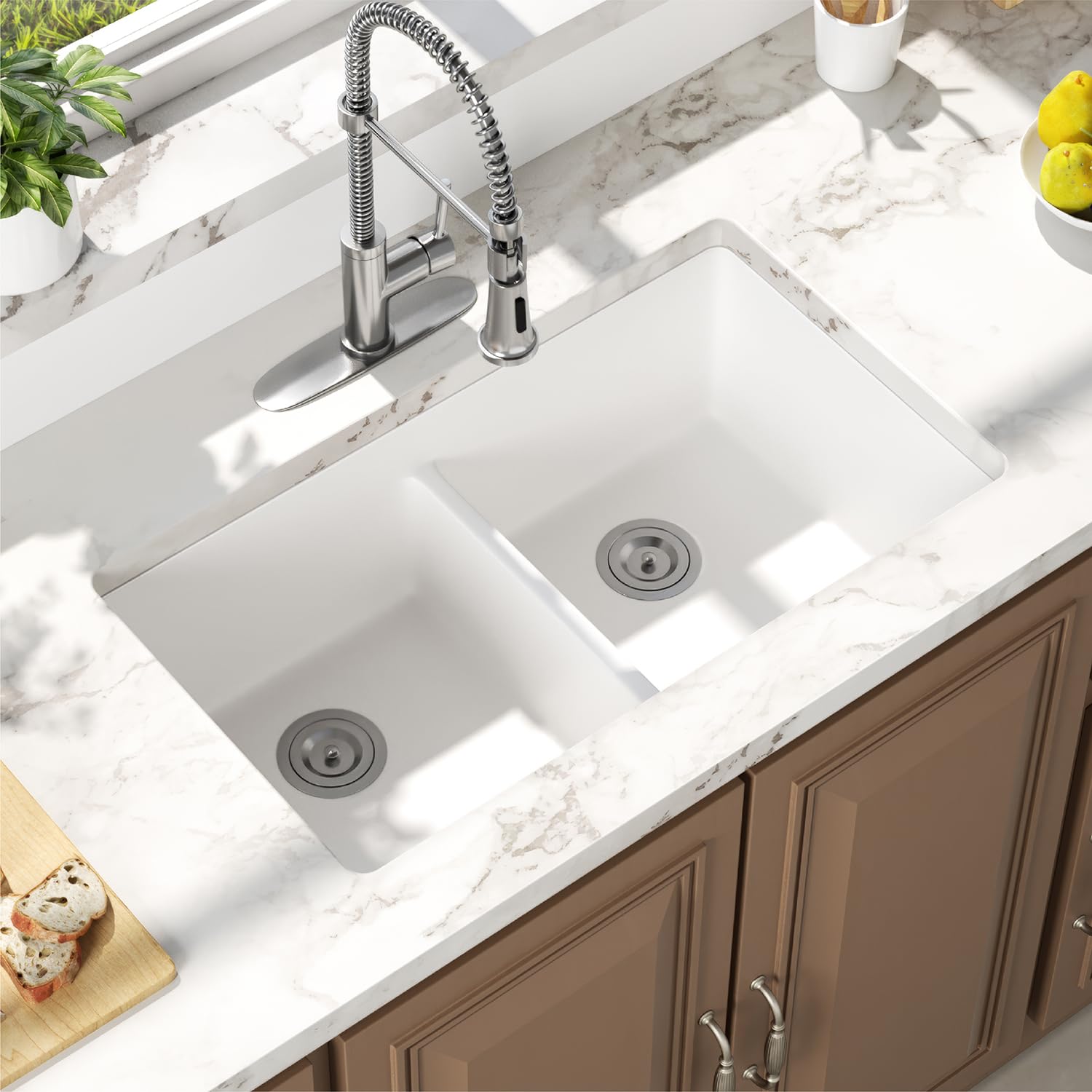 Enbol 31 Inch White Quartz Granite Composite Kitchen Sink - Durable Undermount Double Bowl, Scratch & Stain Resistant, Easy to Clean, Model 3118-W | Perfect for Modern Kitchens, Food Prep & Dishwashing