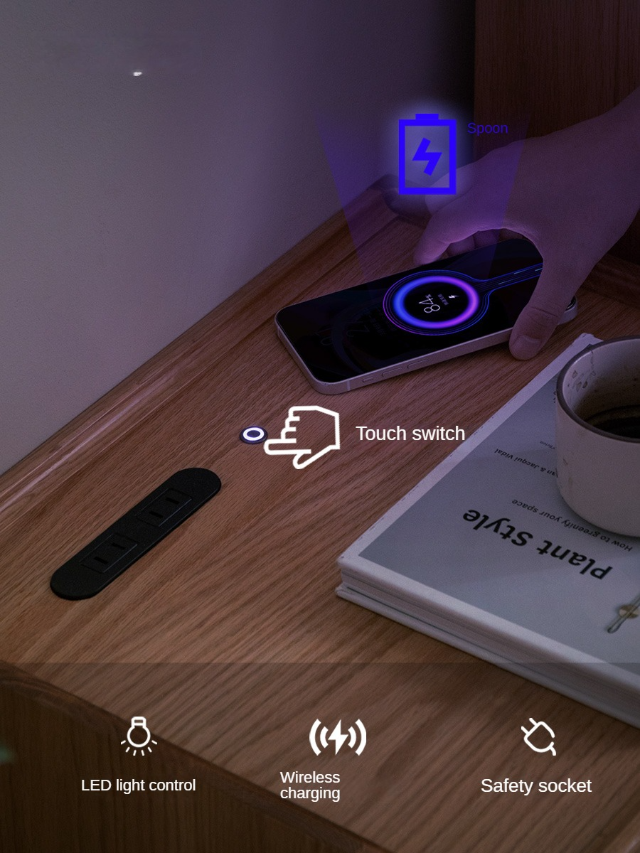 Oak Solid Wood Smart Nightstand with Wireless Charger, USB Ports & Built-in Lamp - Perfect for Bedroom, Living Room & Office