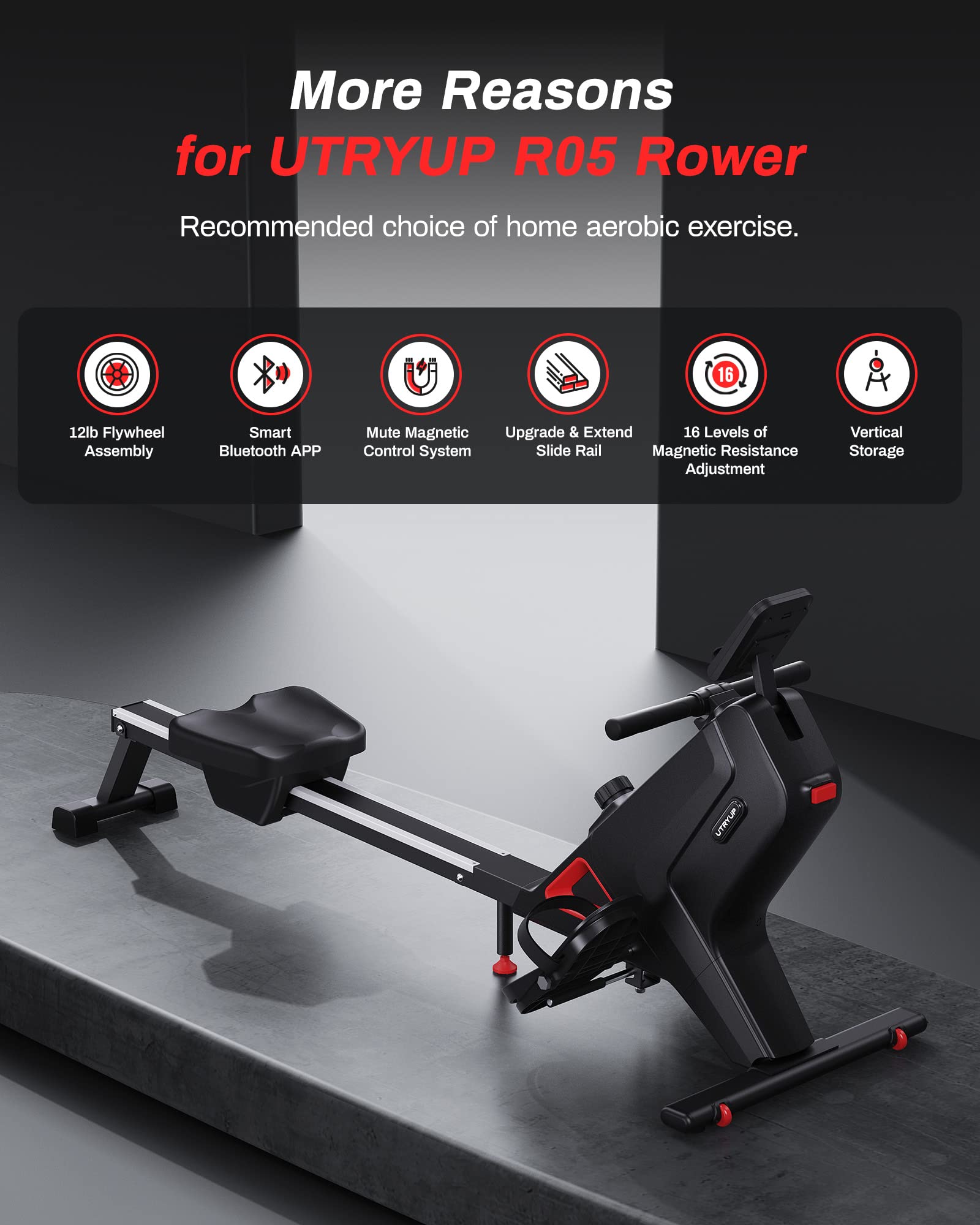 UTRYUP Magnetic Water Rowing Machine for Home Gym - 350 lbs Weight Capacity, 16 Resistance Levels, Quiet Foldable Design with Bluetooth Connectivity & App Support - Perfect for Small Spaces, Cardio Workouts & Full-Body Training (Includes Tablet Holder)