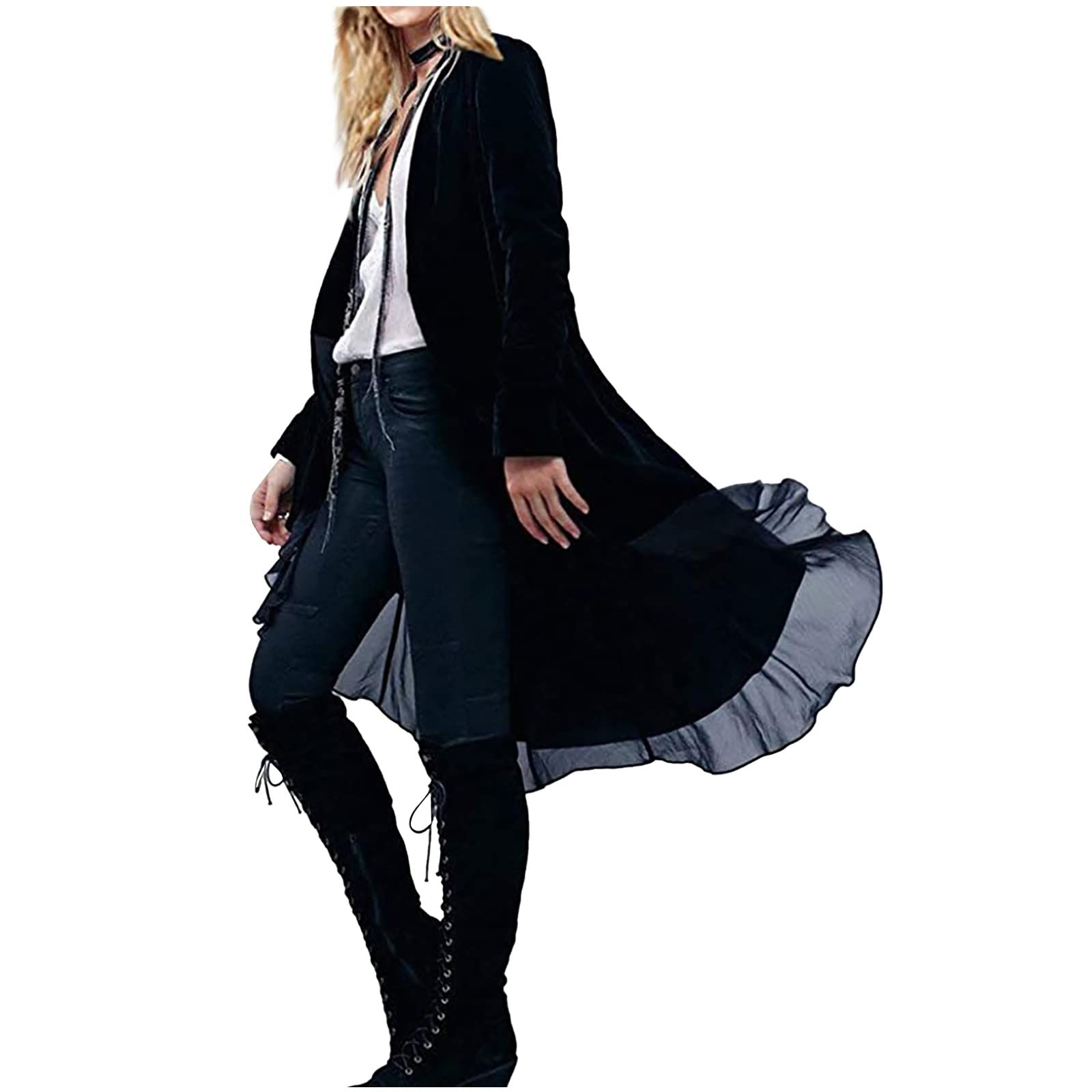 Women's Ruffled Asymmetric Long Blazer Jacket - Trendy Long Sleeve Solid Coat for Casual Wear | Perfect for Office, Date Night & Fall Layering