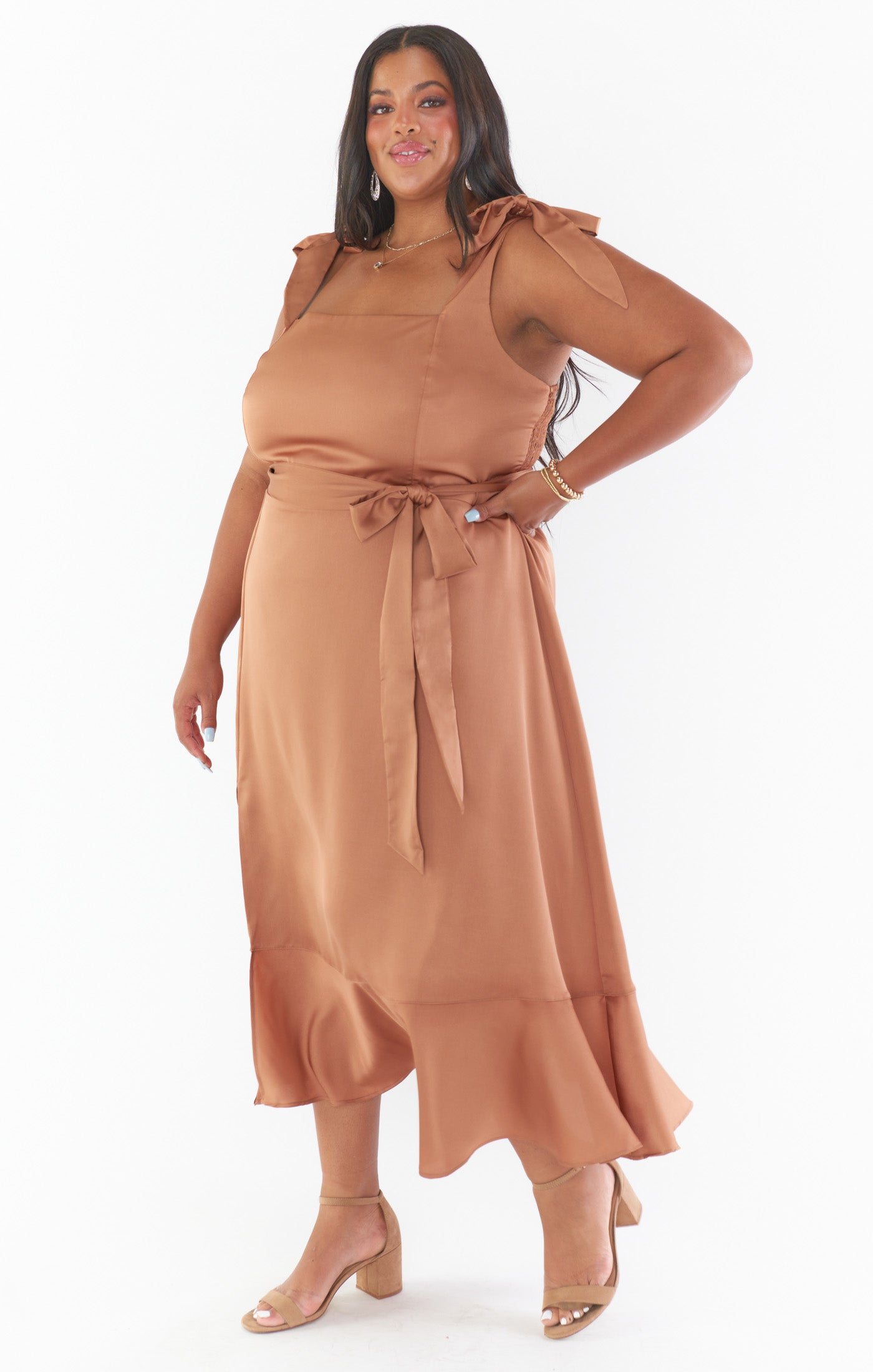 Claire Midi Dress - Copper Luxe Satin Elegant Evening Gown for Women | Perfect for Cocktail Parties, Weddings & Formal Events