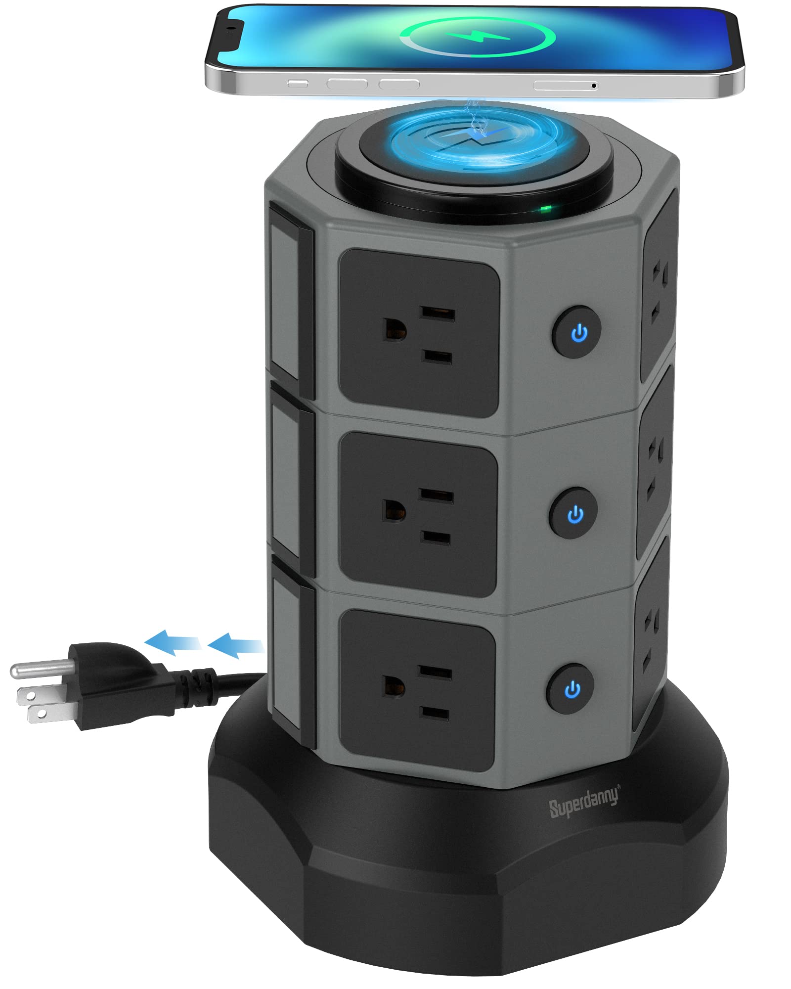 SUPERDANNY Power Strip Tower with 15W Wireless Charger - 13A Surge Protector with 12 AC Outlets & 6 USB Ports, 1050J Protection, 6.5ft Extension Cord - Ideal for Home Office, Gaming Setup, and Multi-Device Charging Station (Grey)