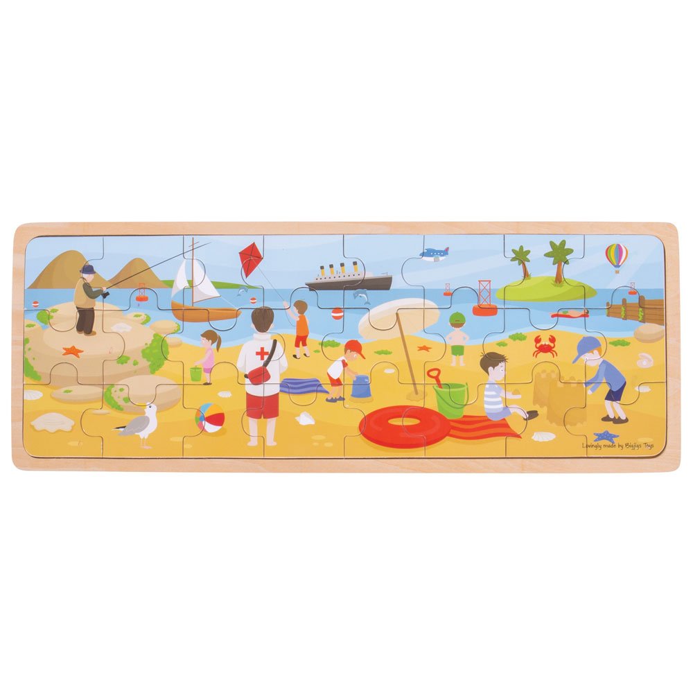 Bigjigs Toys at The Seaside - Wooden Tray Puzzle for Kids Ages 3-5 | Beach Theme Educational Toy | Perfect for Preschool Learning & Summer Travel Activities