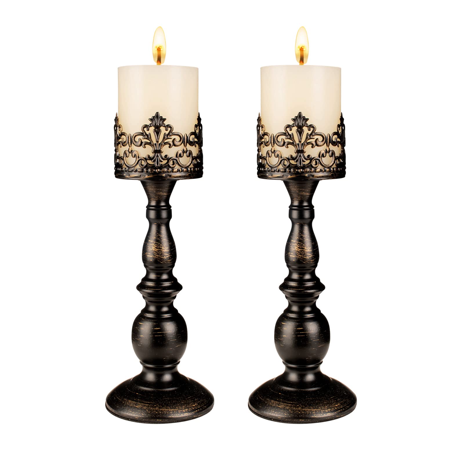 Gothic Matte Black Vintage Tall Candle Holders Set of 2 - Decorative Large Pillar Candle Stand for Table Centerpieces - Distressed Black Candle Decor for Home, Wedding, Halloween & Gothic Party Decorations