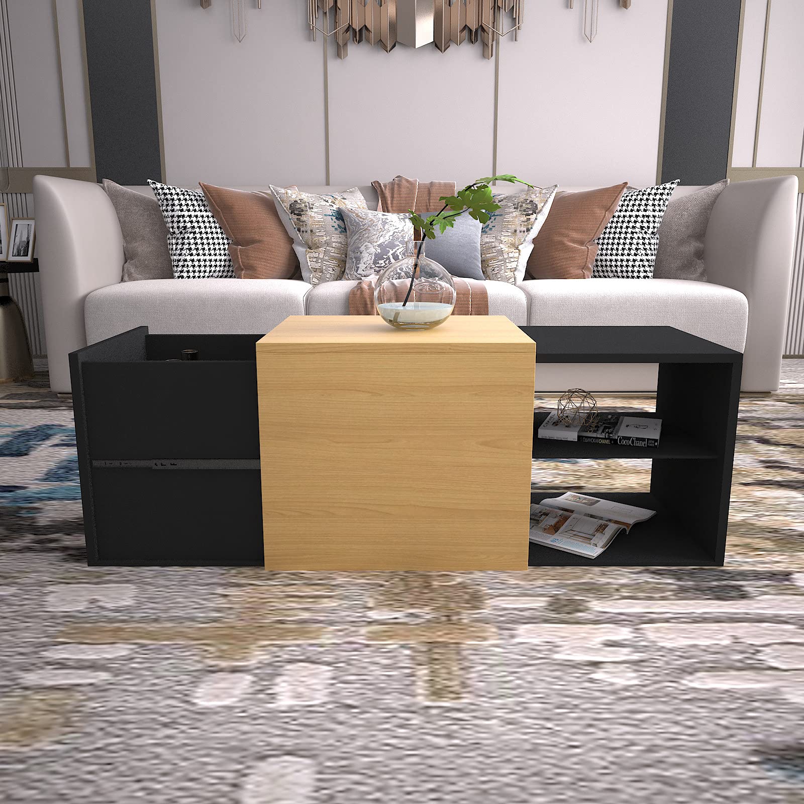 Modern Wood Rectangle Coffee Table with Hidden Storage Compartment & Shelves - 37 Inch Ottoman for Living Room, Reception & Dining - Perfect for Small Spaces, Home Decor & Entertaining Guests