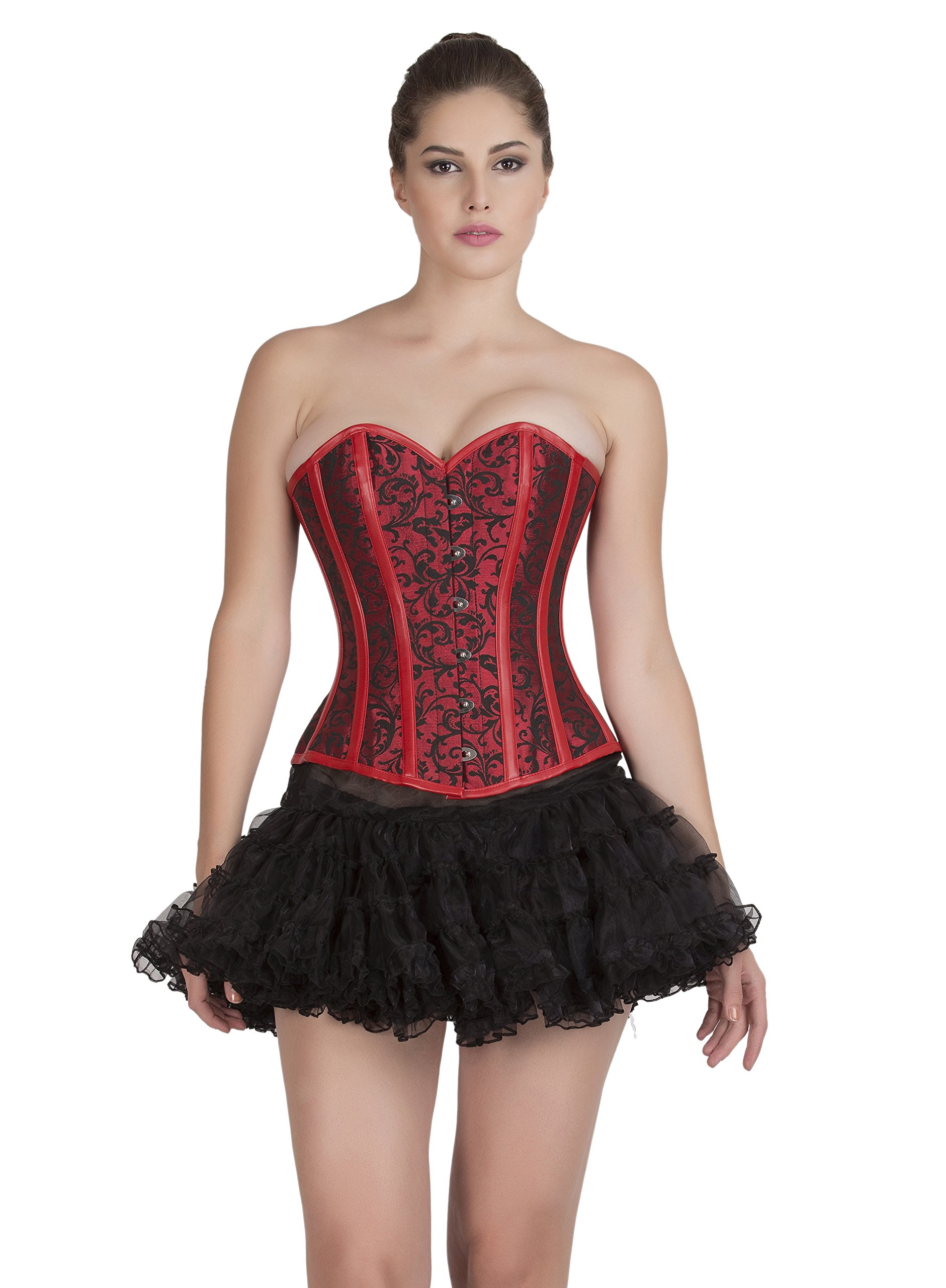 Elegant Red & Black Brocade Overbust Corset Dress with Leather Stripes & Tulle Skirt - Gothic Victorian Steampunk Costume for Cosplay, Burlesque, Halloween & Special Occasions