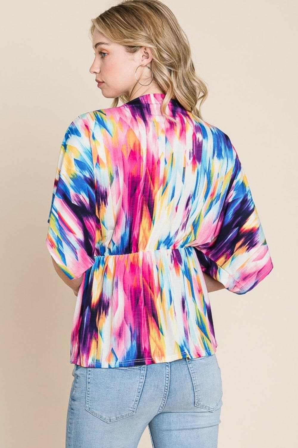 BOMBOM Women's Printed Surplice Peplum Blouse - Flowy Floral Tops for Work, Party & Casual Wear