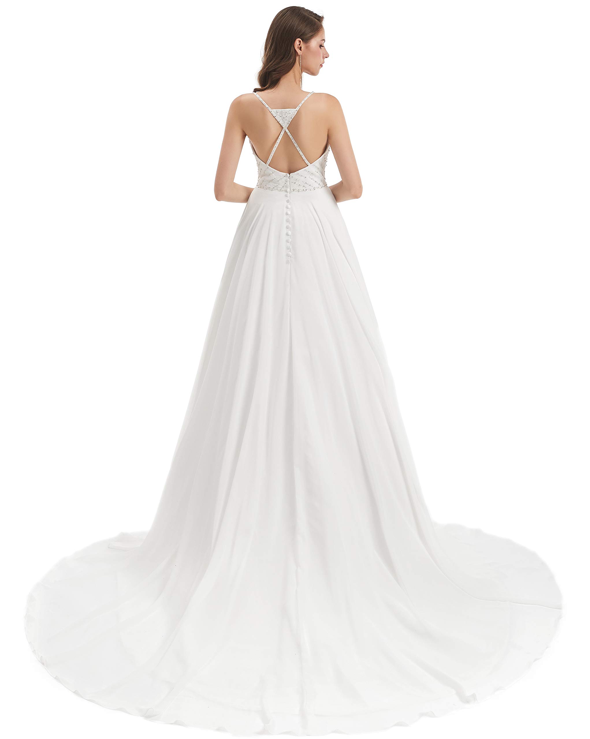 Elegant Women's A-Line Spaghetti Strap Beaded Sleeveless Wedding Dress for Beach Brides - Perfect for Destination Weddings, Beach Ceremonies & Summer Bridal Parties