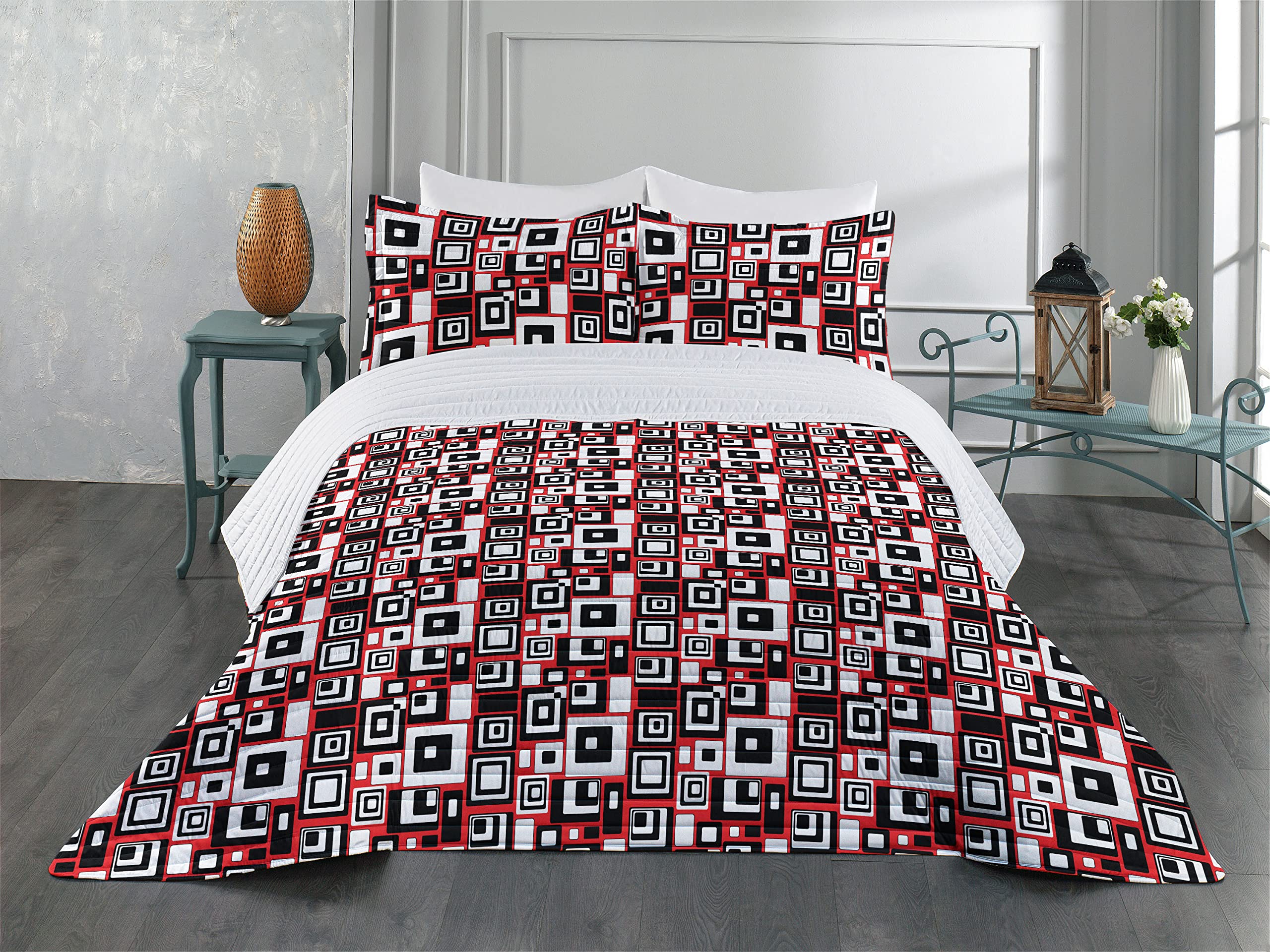 Ambesonne Abstract Microfiber Bedspread Set - Minimalist Geometric Retro Rectangle Design, Soft Bedding Set with Pillow Shams & Comforter, Queen Size, Vermilion and Charcoal Grey - Perfect for Modern Bedrooms, Guest Rooms & Cozy Home Decor