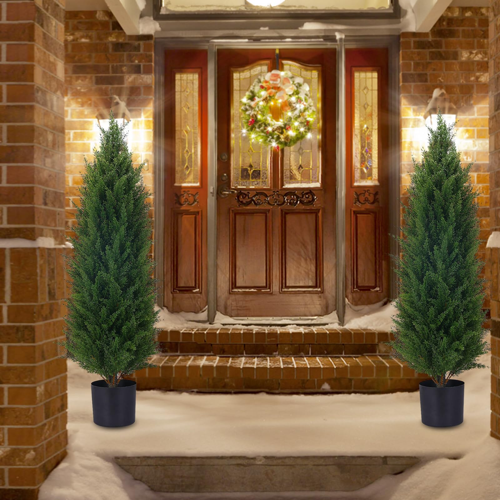 3.5ft Artificial Cedar Topiary Tree Potted Plants - UV Resistant Faux Greenery for Indoor & Outdoor Decor - 2 Pack Set - Perfect for Home, Office, Garden, and Patio Decoration