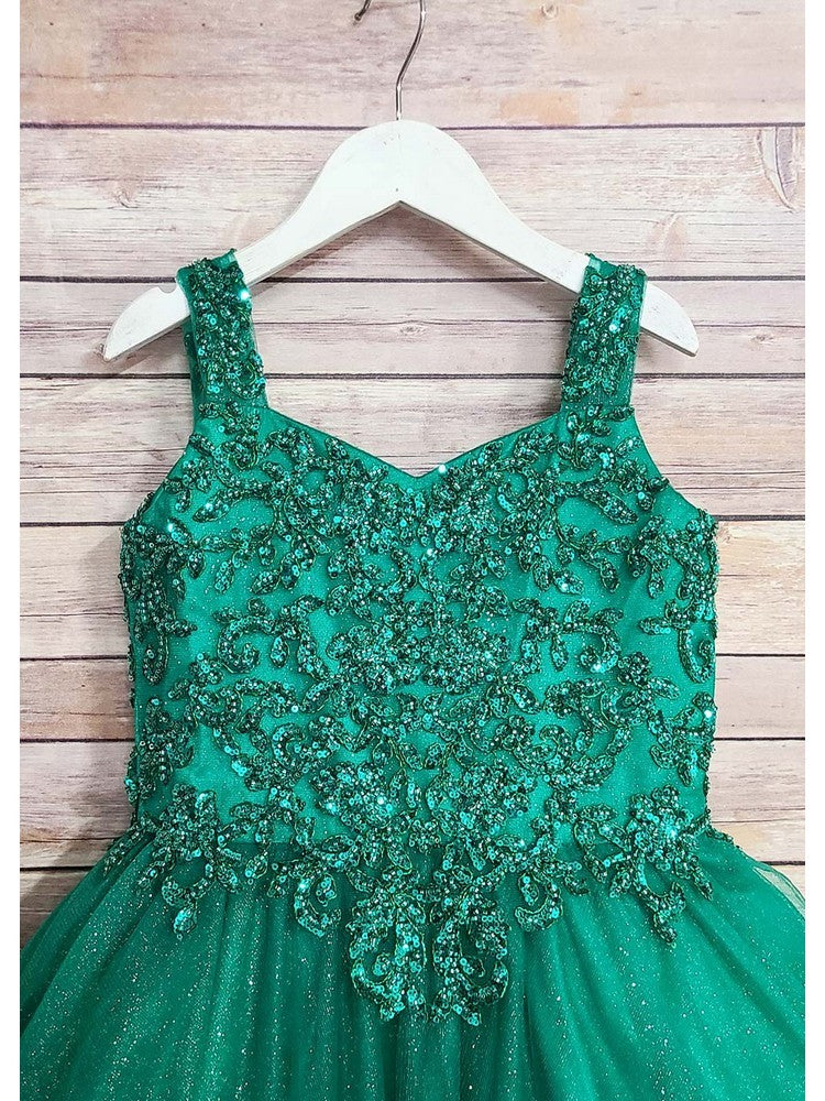 Emerald Green Embroidered Glitter Tulle Gown for Big Girls (Sizes 8-16) - Perfect for Prom, Quinceañera & Special Occasions