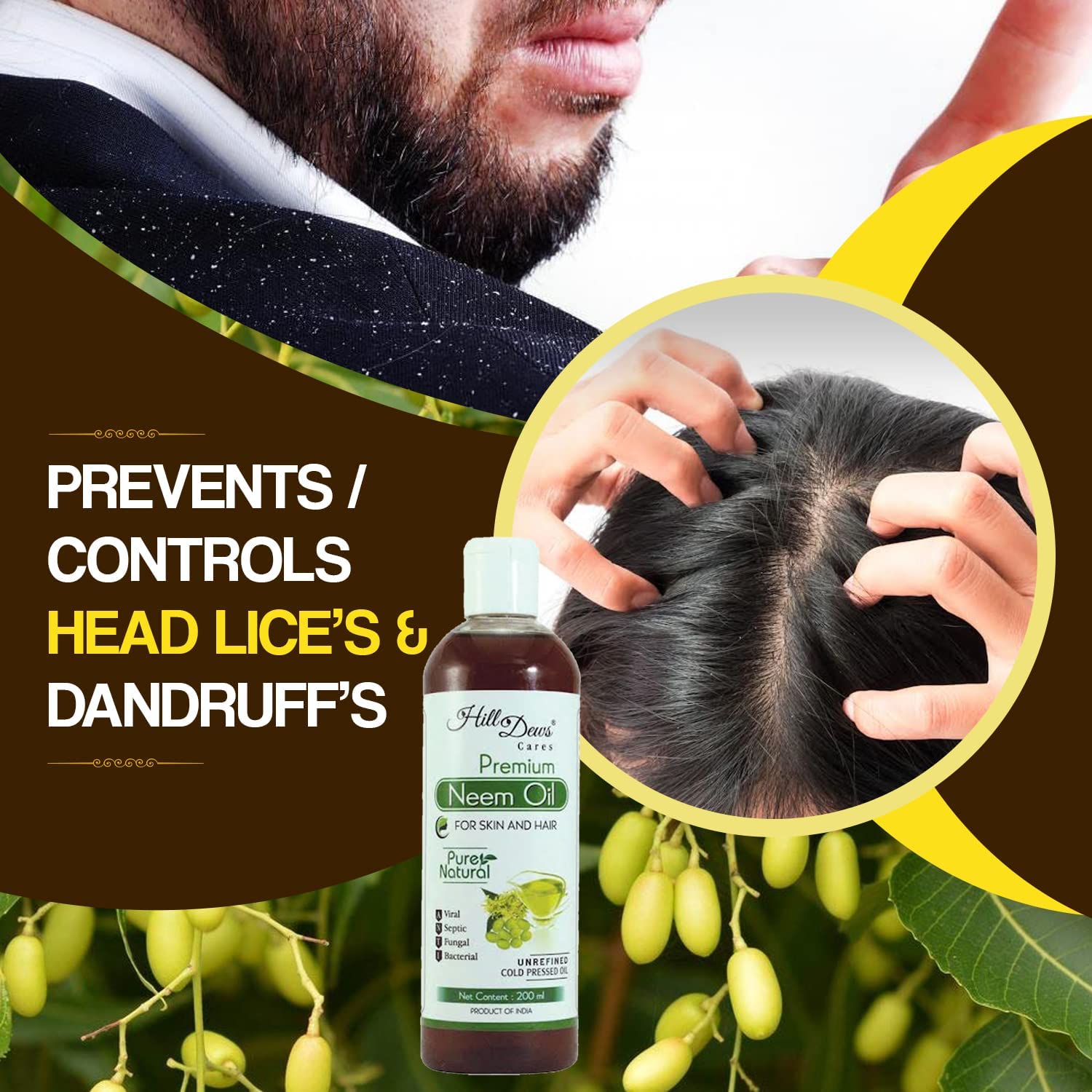 Pure Natural Neem Oil (200ml) - Cold Pressed, Unrefined for Skin & Hair Care | Organic Treatment for Acne, Dandruff & Scalp Health | Perfect for DIY Beauty & Aromatherapy