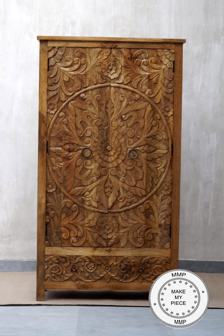 Hand Carved Indian Wooden Wardrobe Cabinet - Floral Design, Brown - Perfect for Bedroom, Living Room & Home Decor Storage