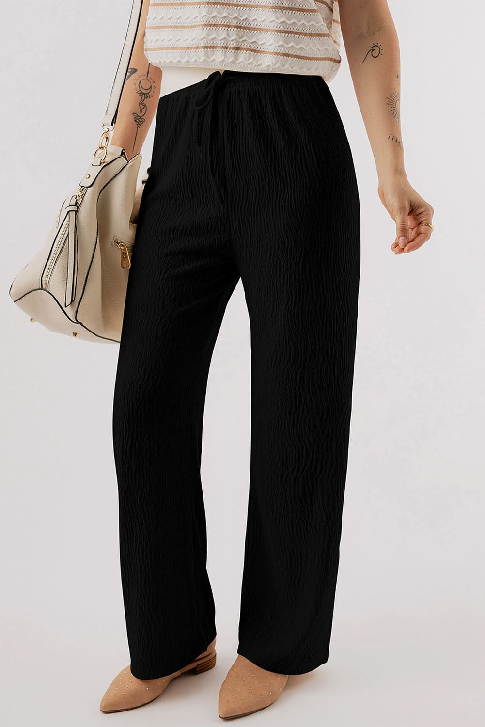 Stylish Black Textured Lounge Pants for Women - Soft Comfortable Elastic Waist Joggers for Yoga, Home, and Travel