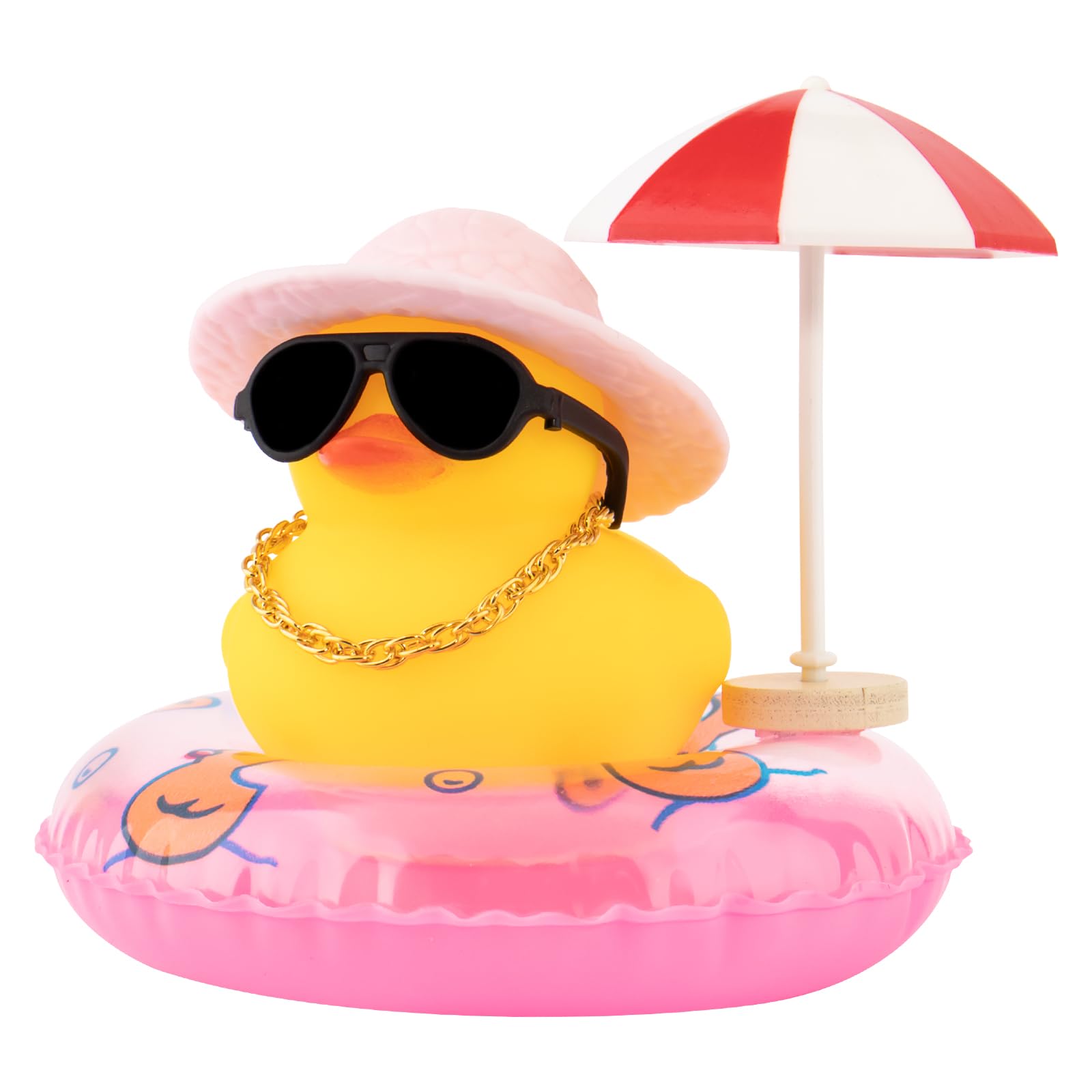 Wonuu Rubber Duck Car Ornaments with Straw Hat, Necklace, Sun Umbrella & Sunglasses - Cute Pink Dashboard Decor for Car Accessories, Perfect for Summer Road Trips & Beach-Themed Vehicles