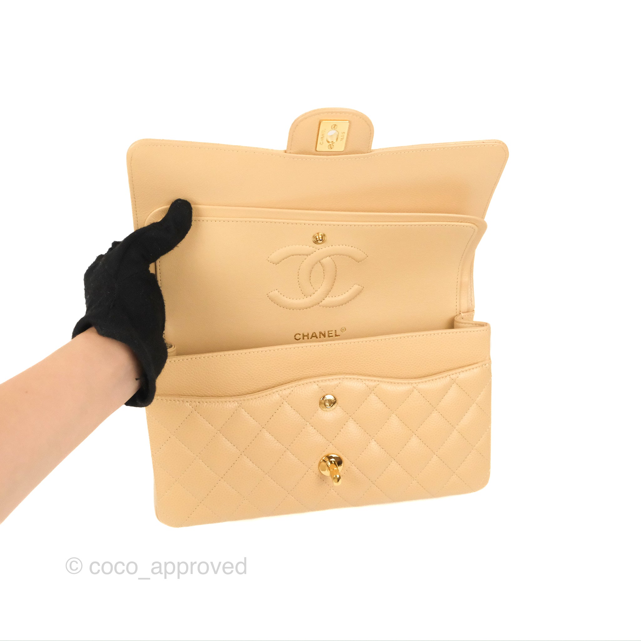 Chanel Classic M/L Medium Double Flap Bag Quilted Beige Caviar Leather with Gold Hardware - Luxury Handbag for Women, Perfect for Work, Parties & Everyday Use