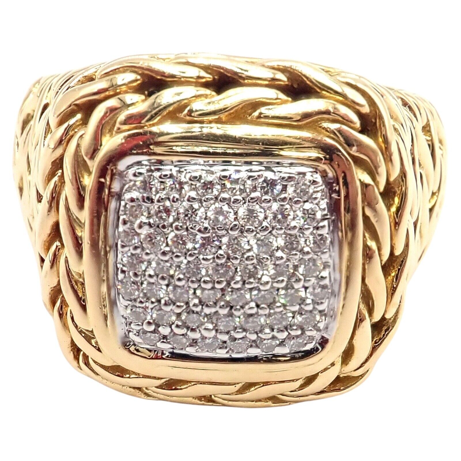 Authentic John Hardy JH 18K Yellow Gold Diamond Square Signet Signature Ring for Men & Women - Luxury Jewelry Gift for Anniversary, Wedding & Special Occasions