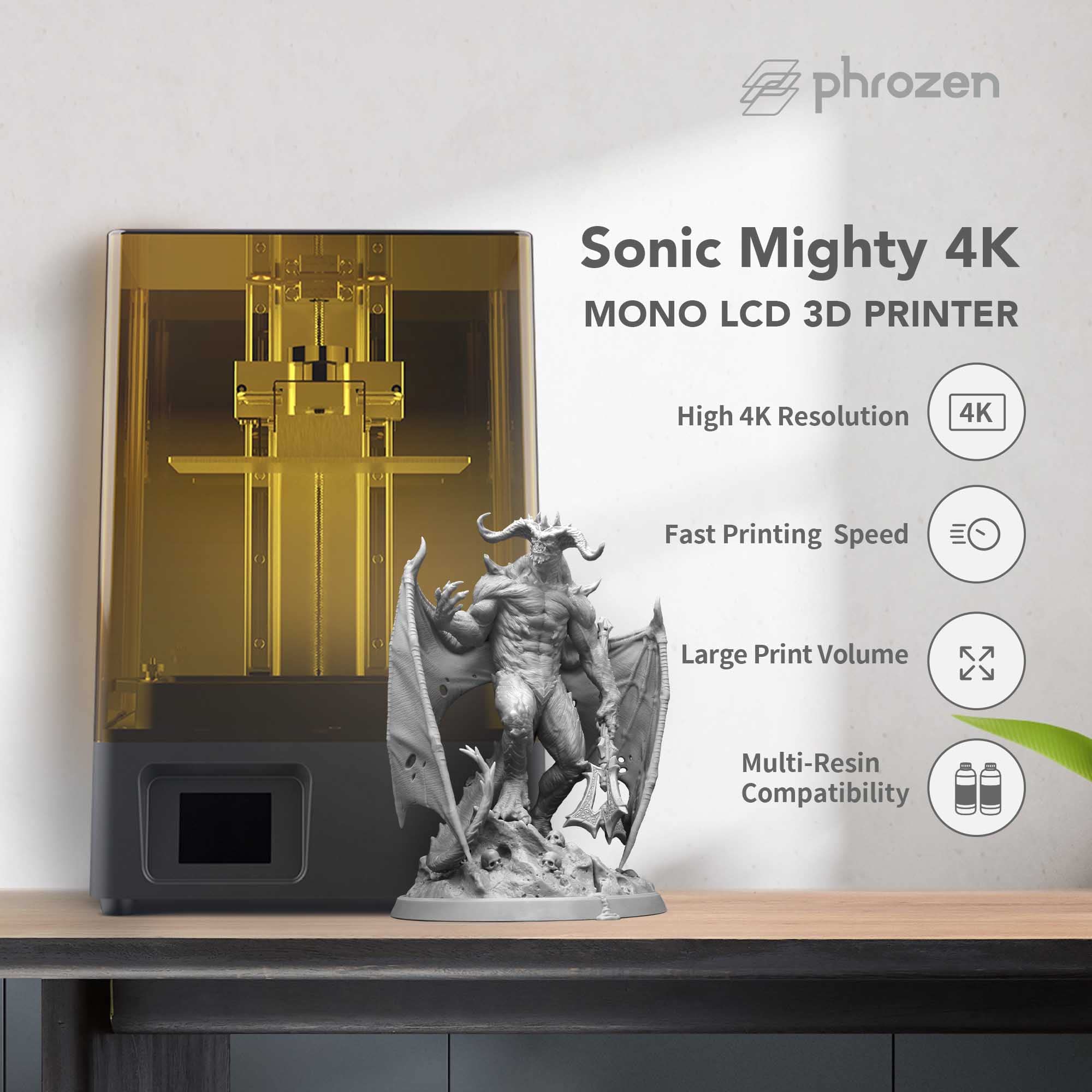 Phrozen Sonic Mighty 4K High Precision 3D Printer Bundle with 1KG ABS-Like Matt Gray Resin - Ideal for Miniatures, Jewelry & Dental Models
